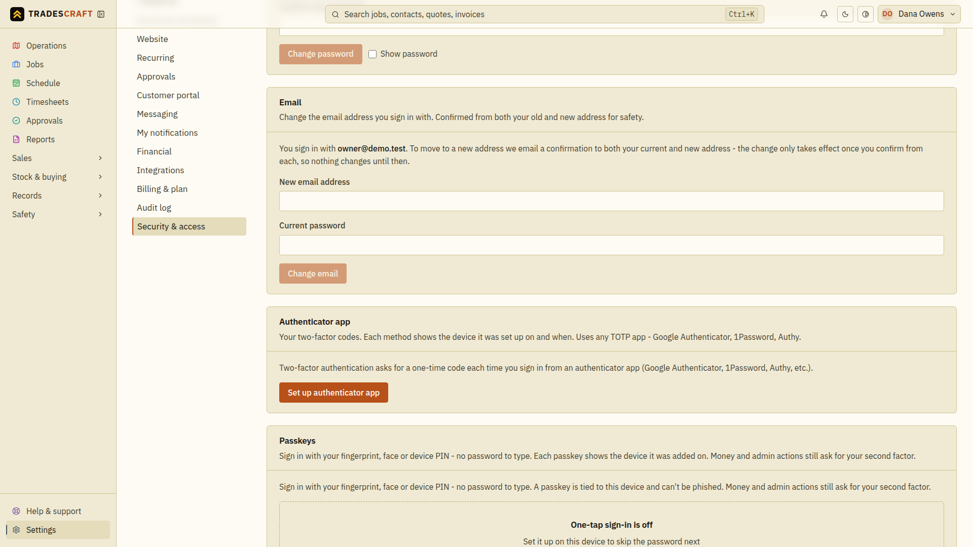 The Email section on the Security page