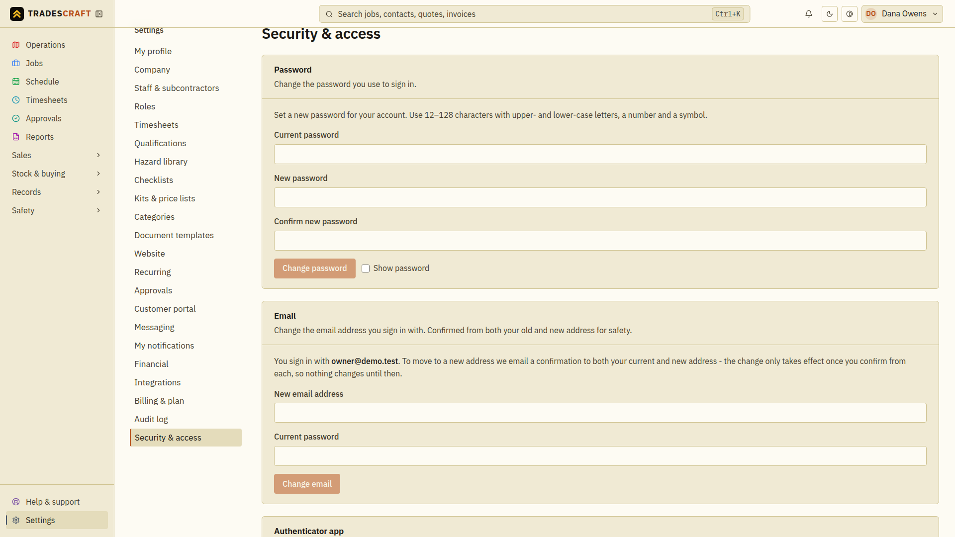 The Password section on the Security page