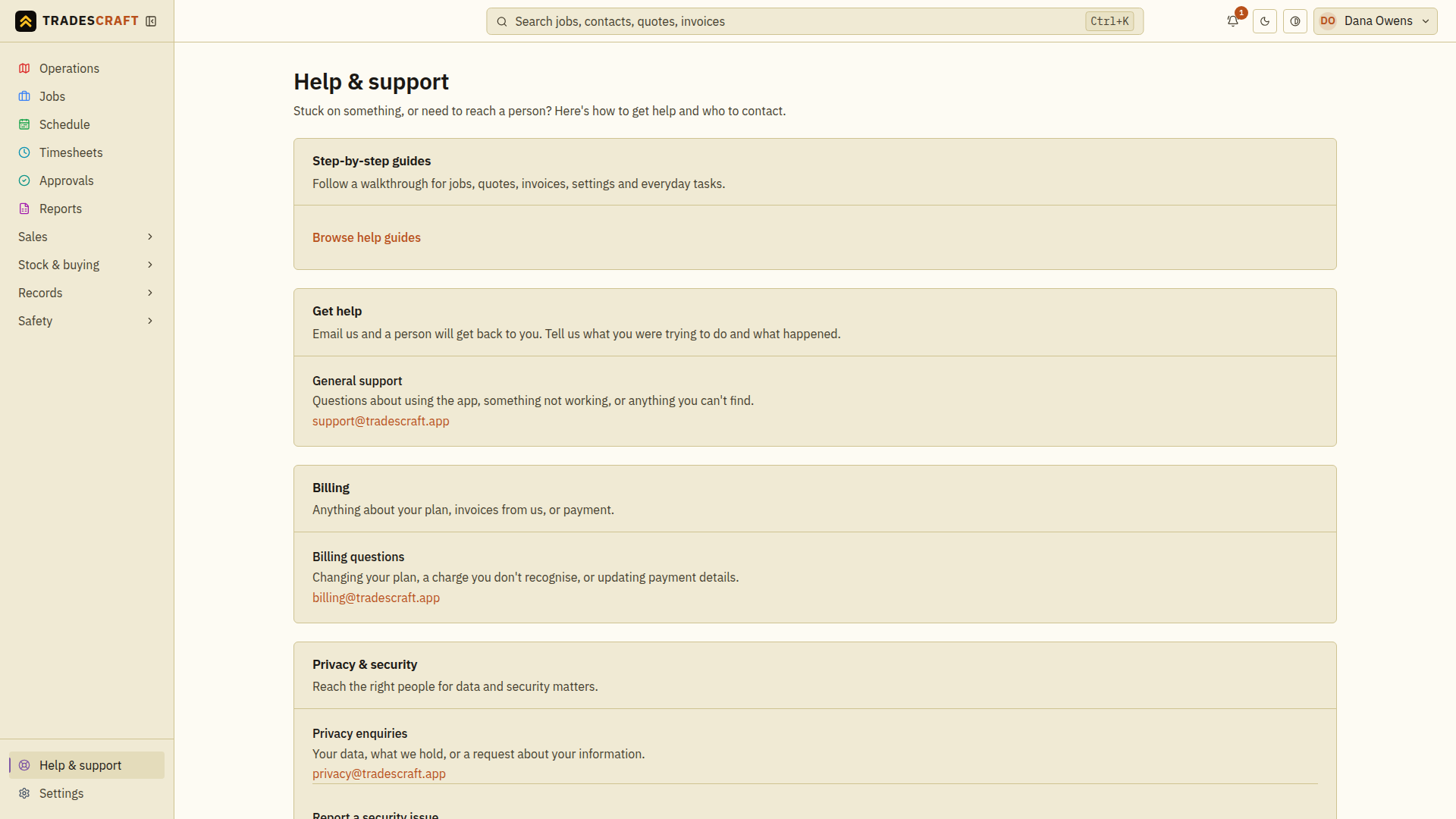 The Help & support screen with help guides and support contacts