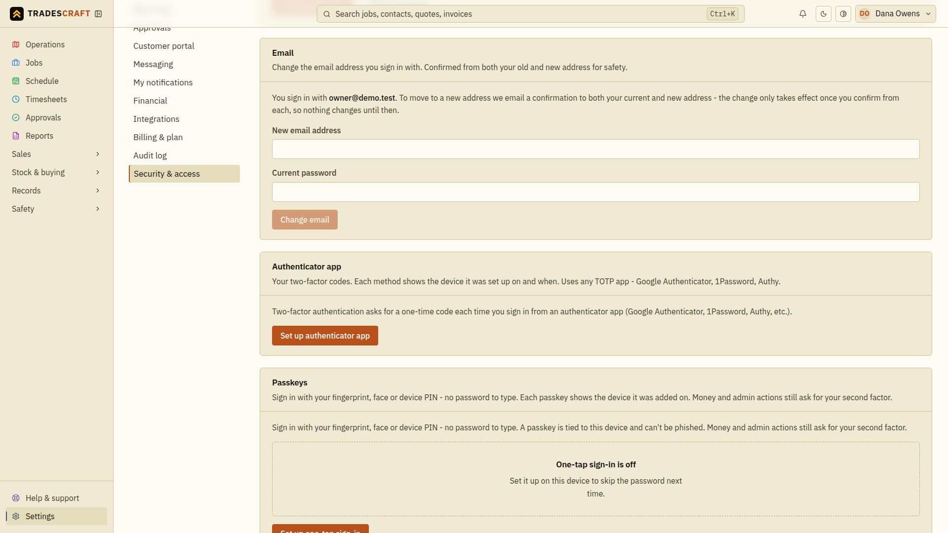 The two-factor options on the Security page