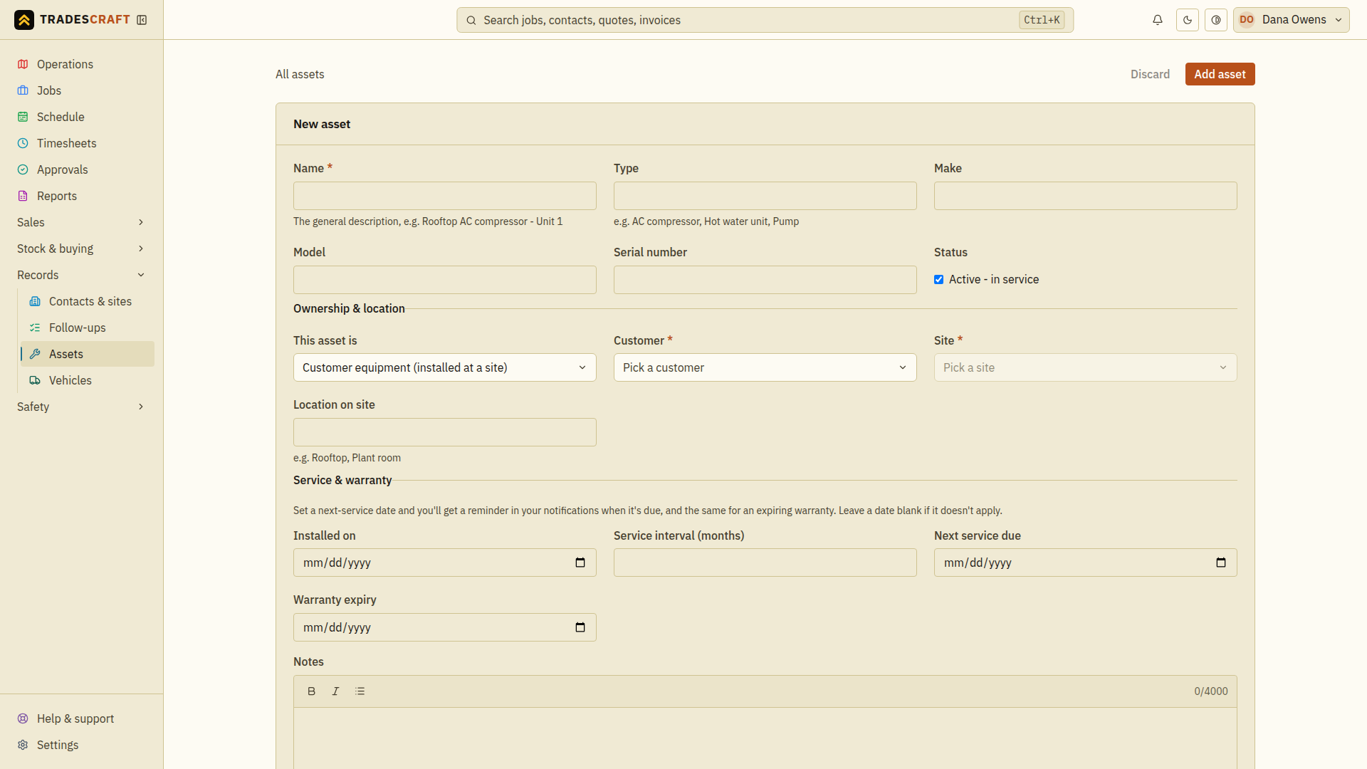 The empty new-asset form