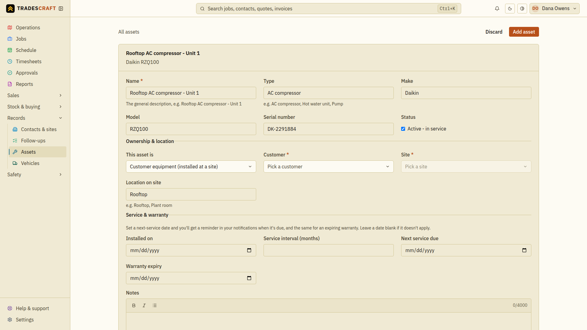 The asset form with equipment details entered; choose the customer and site below