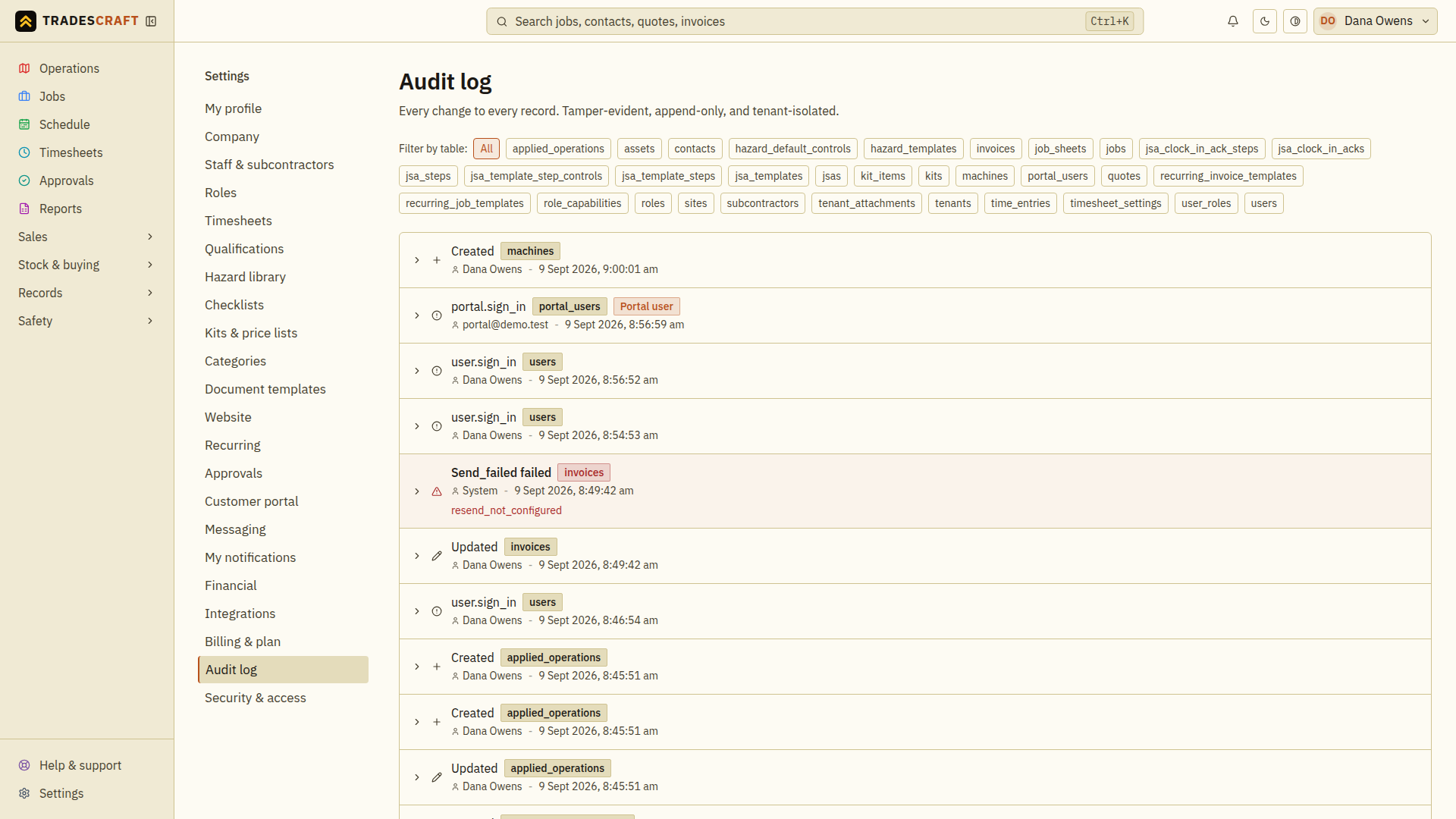 The audit log, newest change first