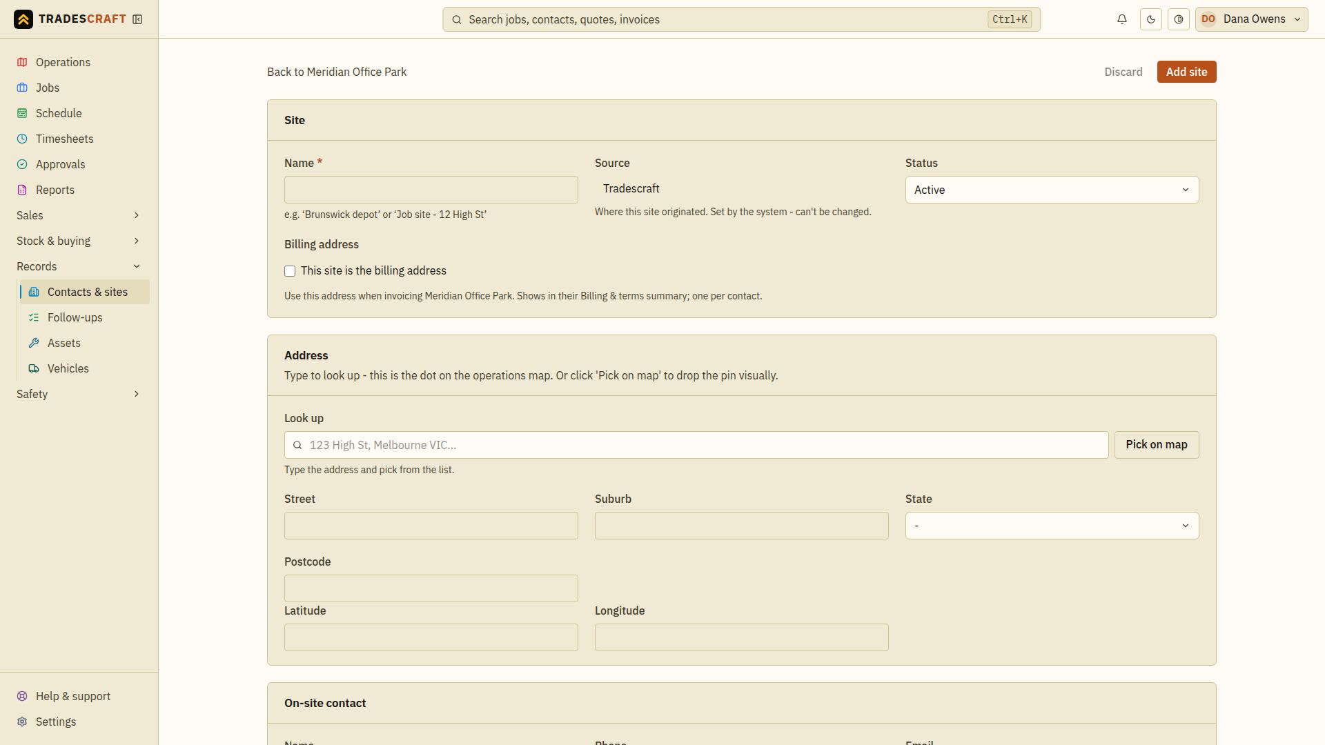 The new site form