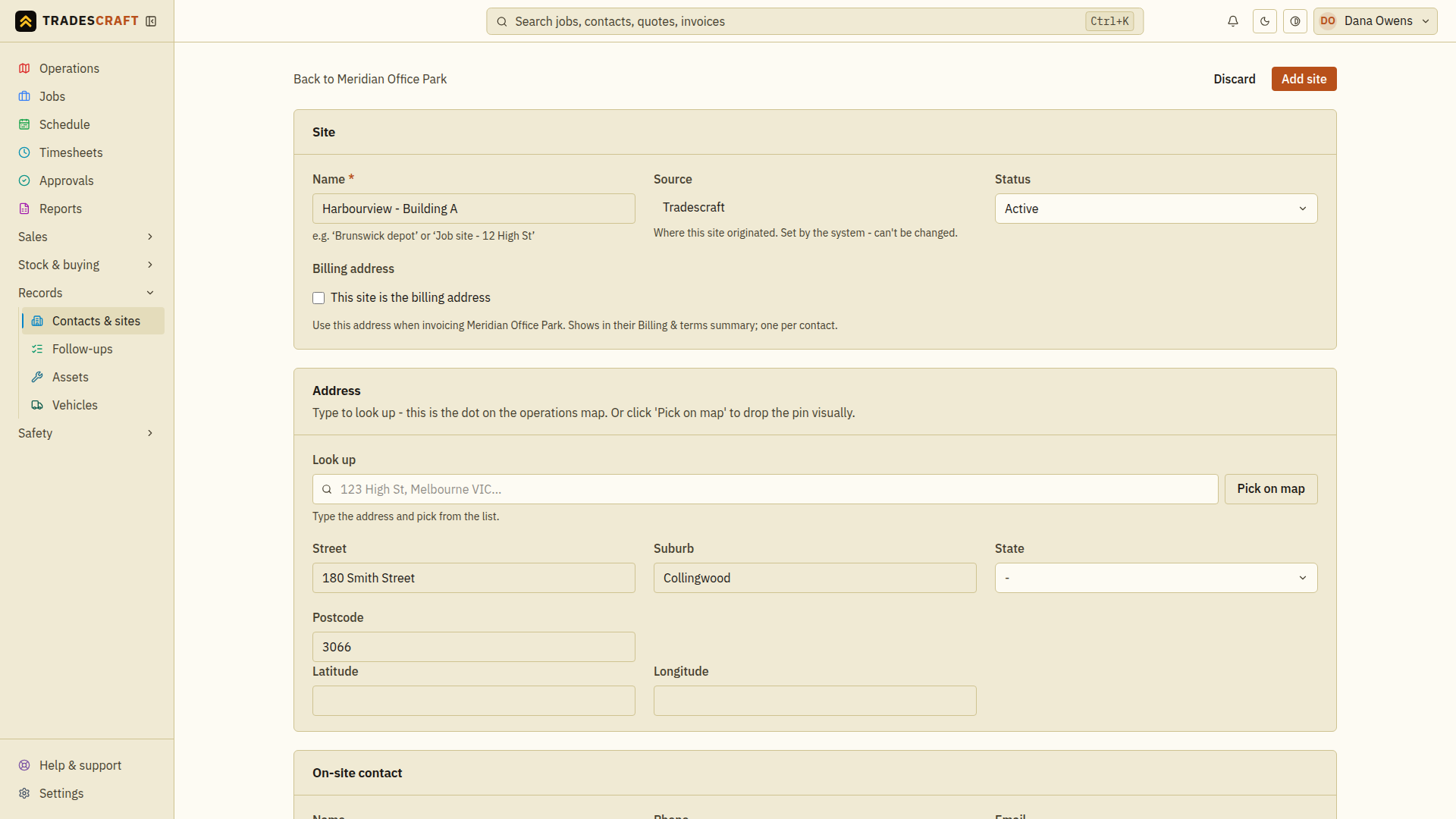 The site form filled in