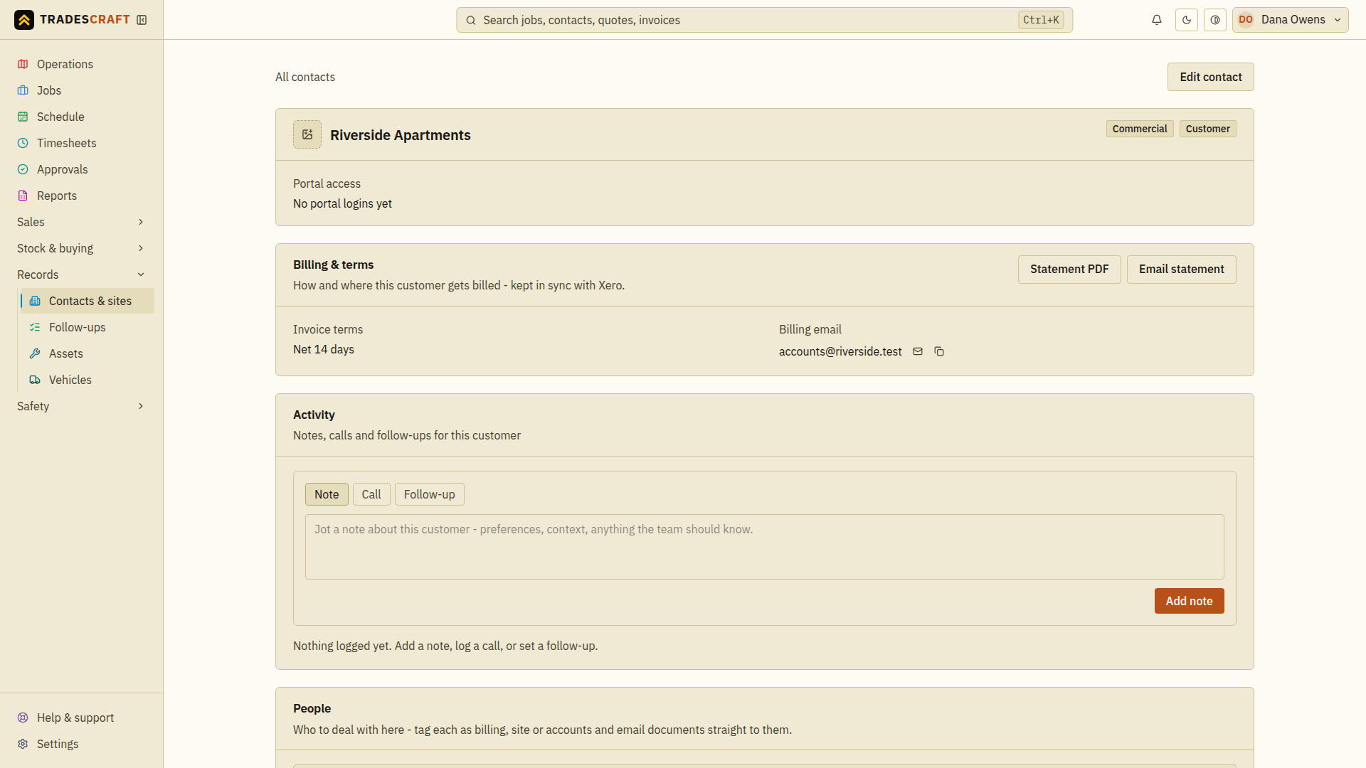 The statement actions on a customer's contact page