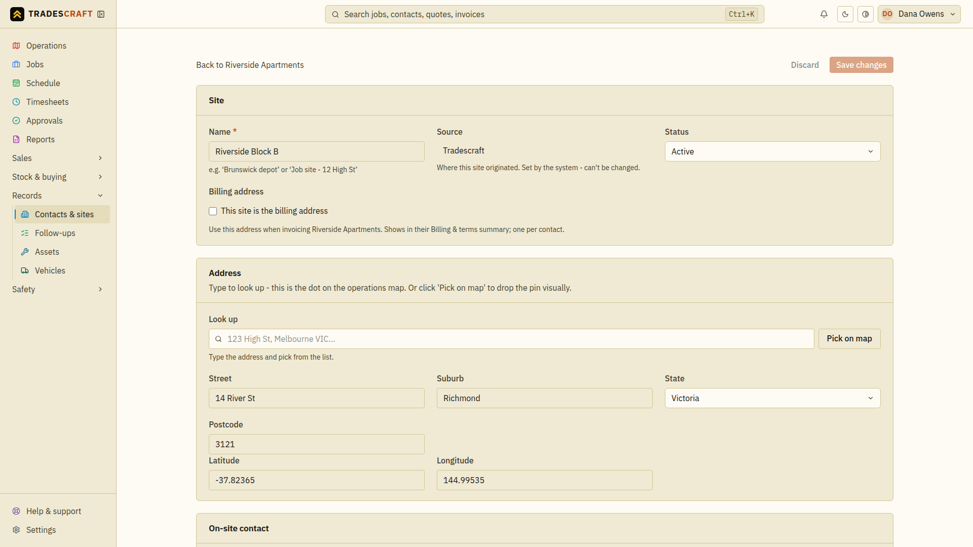 A site's details page