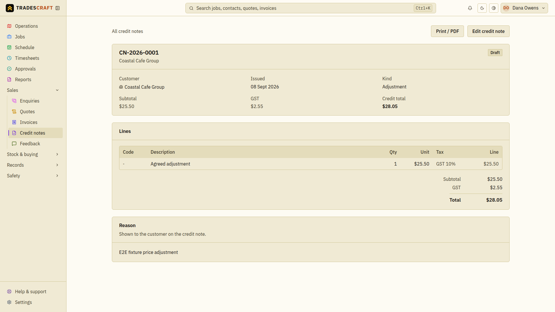 A credit note's details page