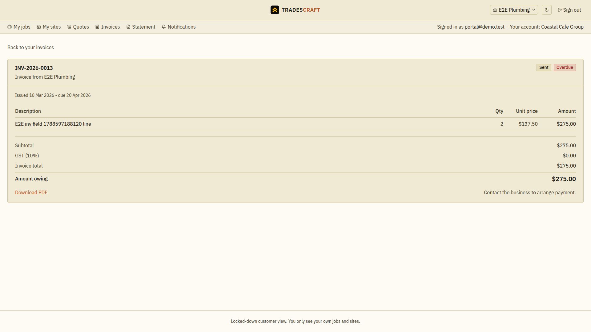 An invoice in the portal showing its balance and instructions to contact the business for payment