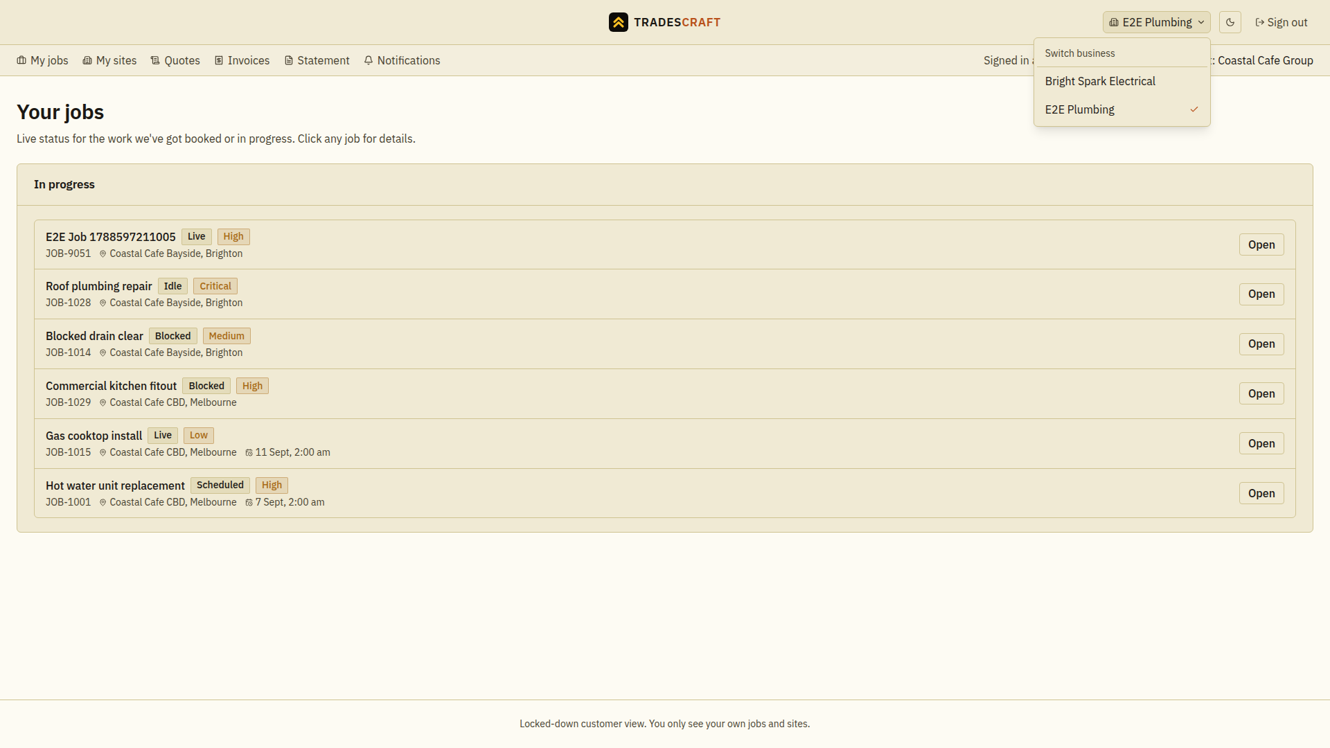The workspace switcher open, listing your tradies