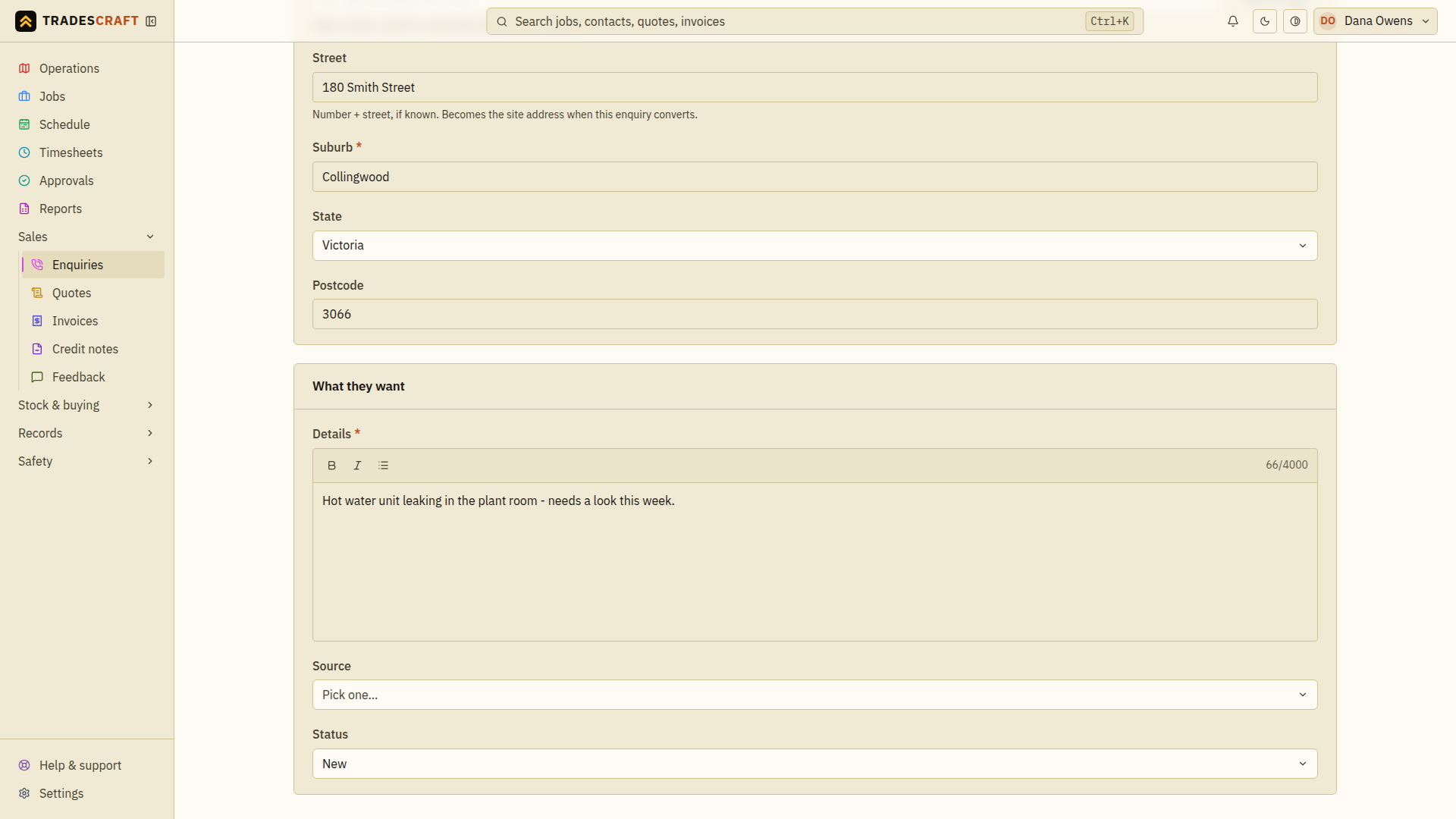 The enquiry form filled in for a new caller