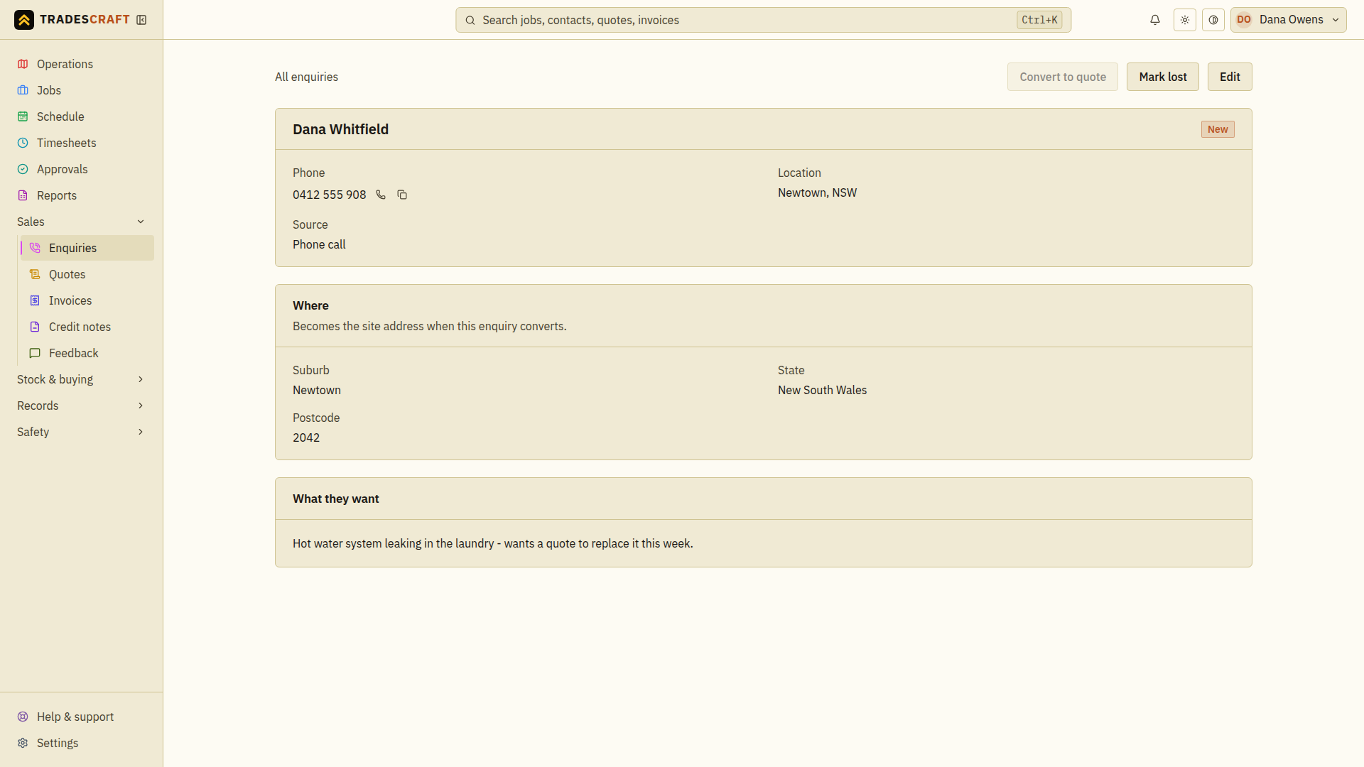 An enquiry detail page; conversion is unavailable when its customer link is missing