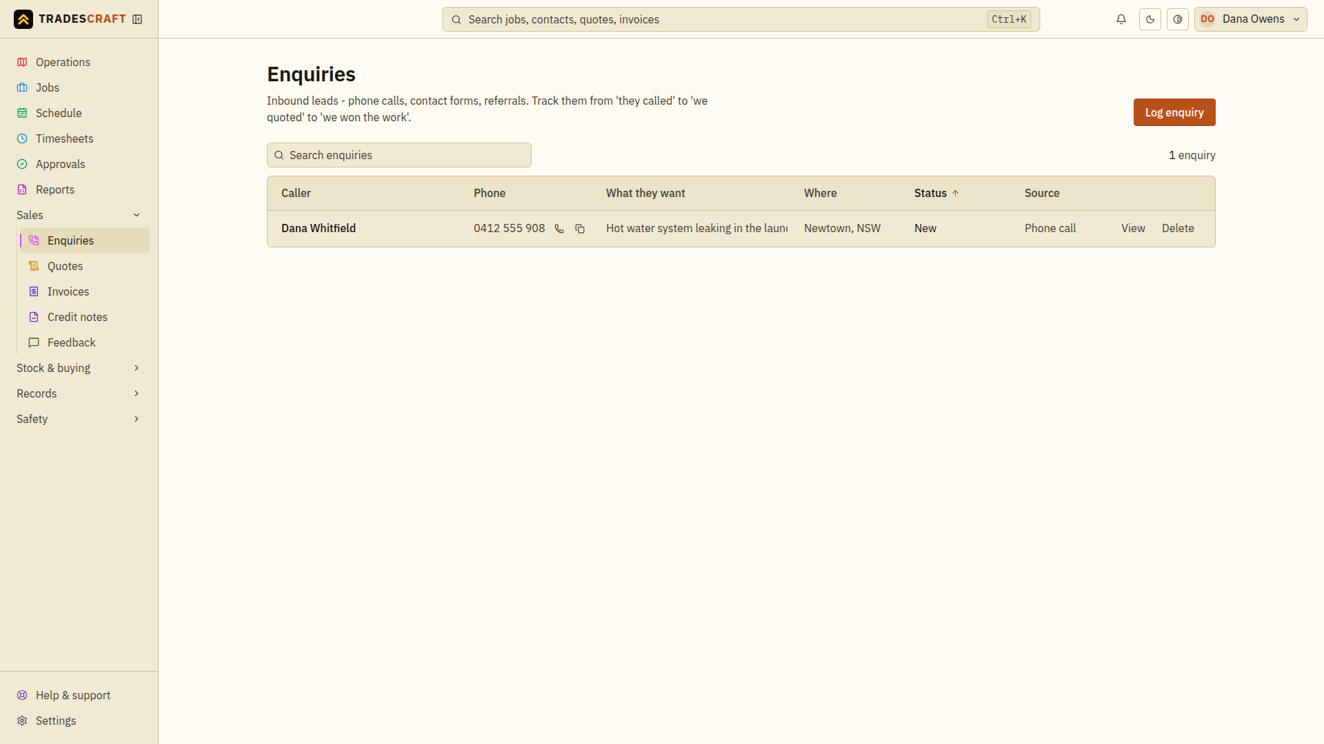 The enquiries list