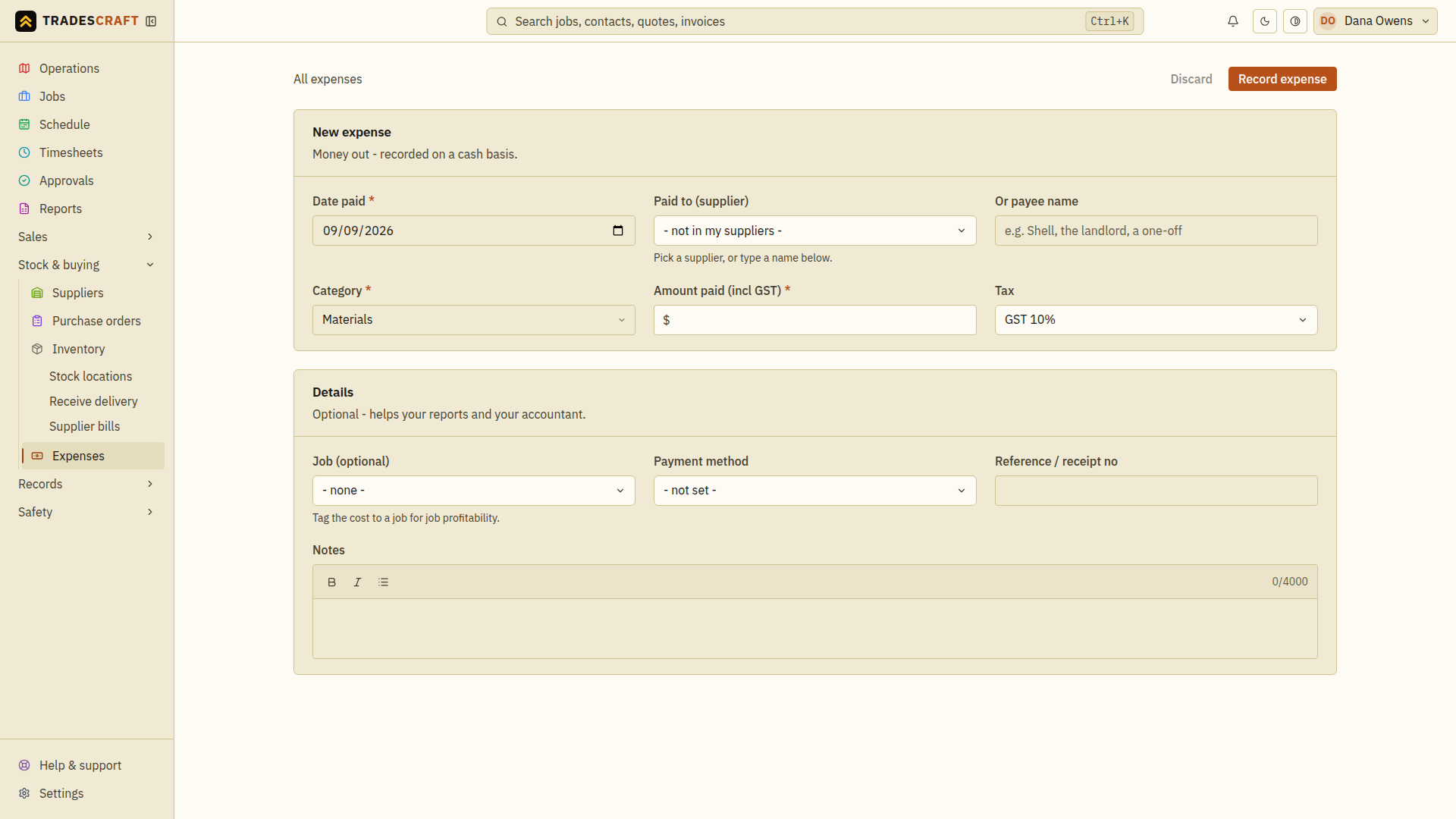 The empty new-expense form
