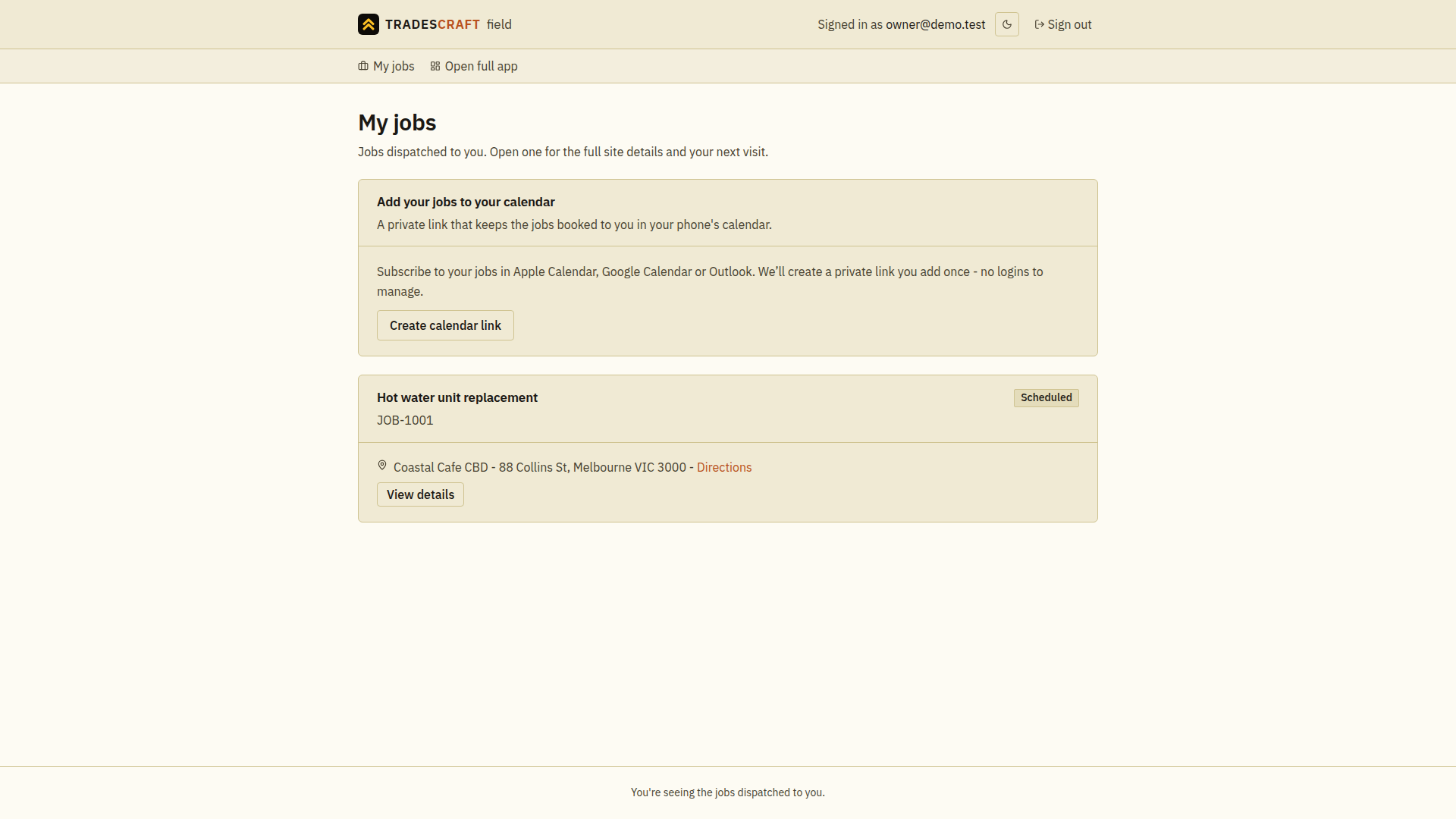 The field worker "My jobs" screen