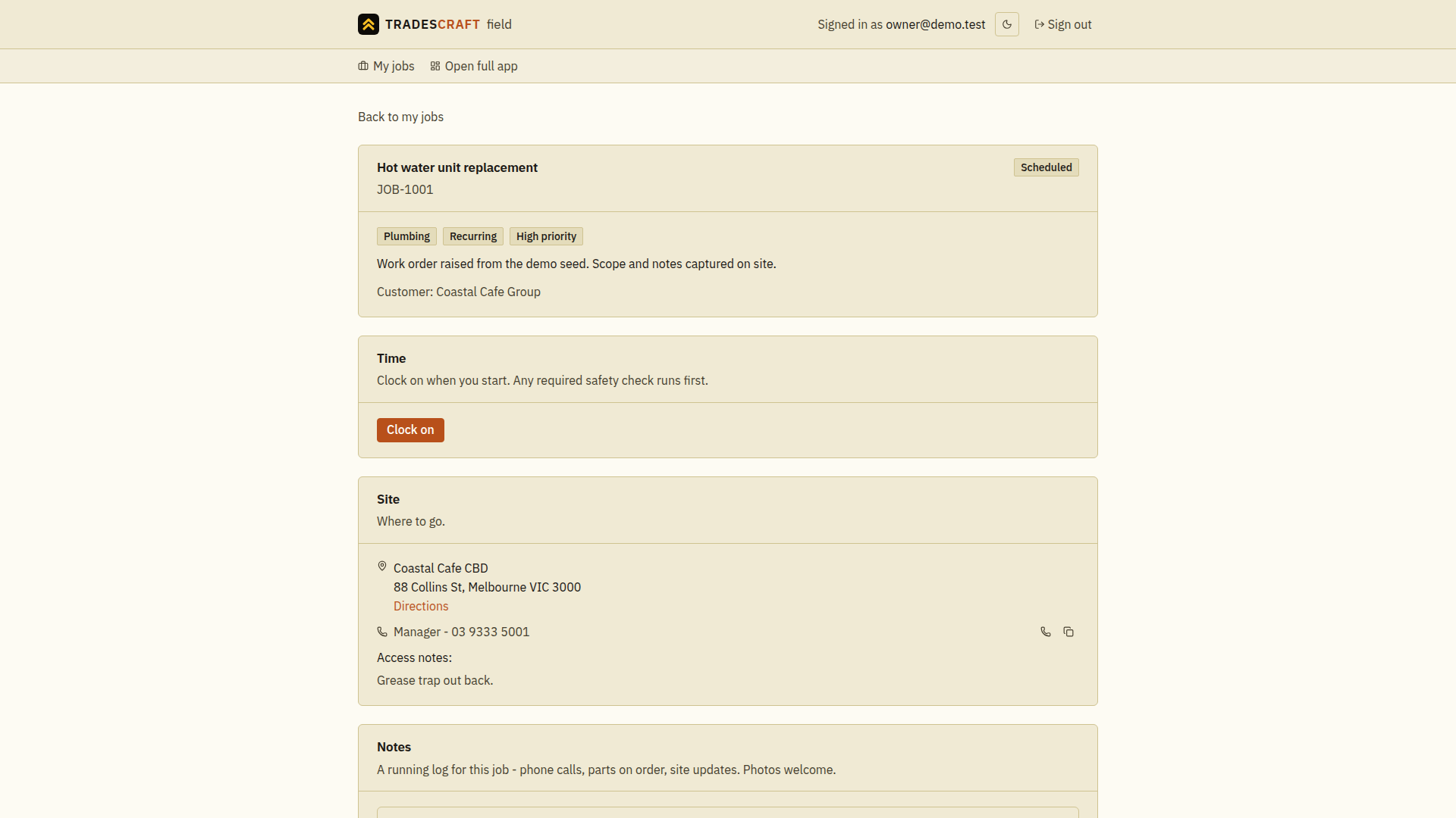 A job opened in the field view - clock on, site access and notes