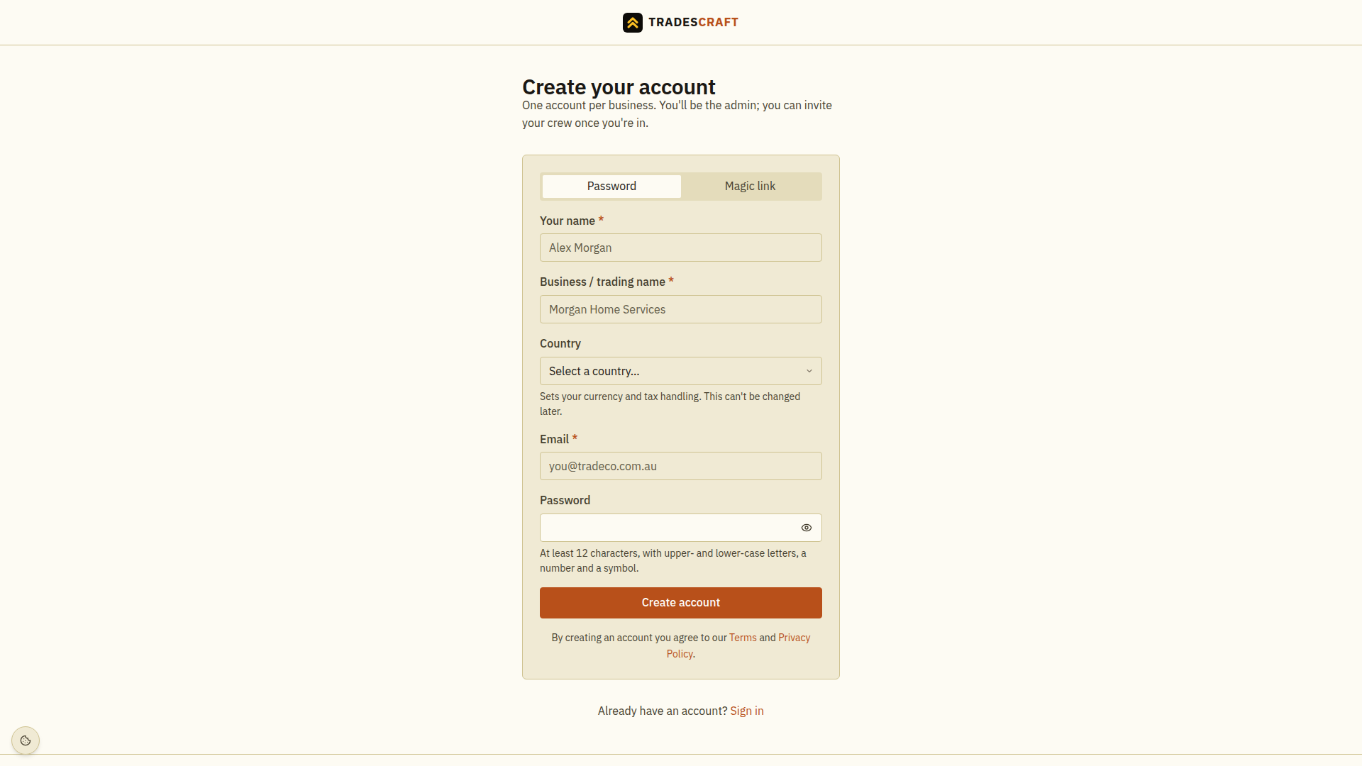 The Create your account form with business details and sign-up choices