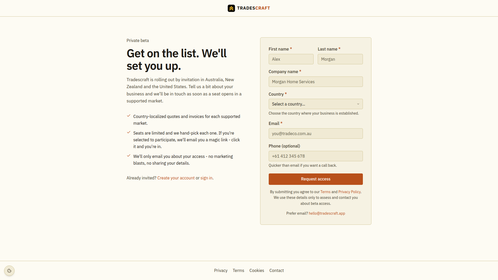 The access-request form for a business that has not been invited