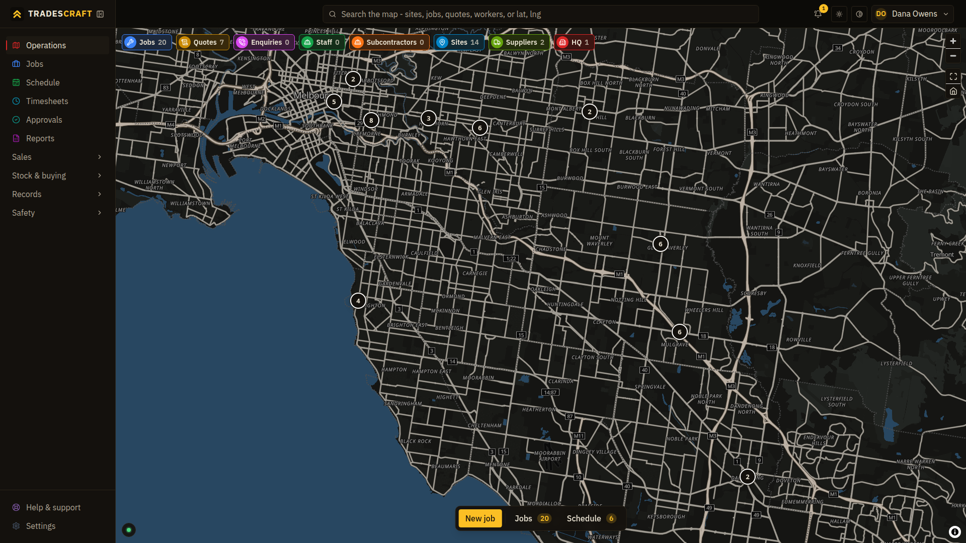 The Operations screen after switching to dark mode