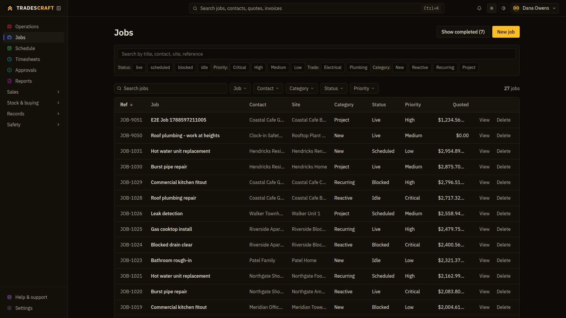 A jobs list using the dark theme