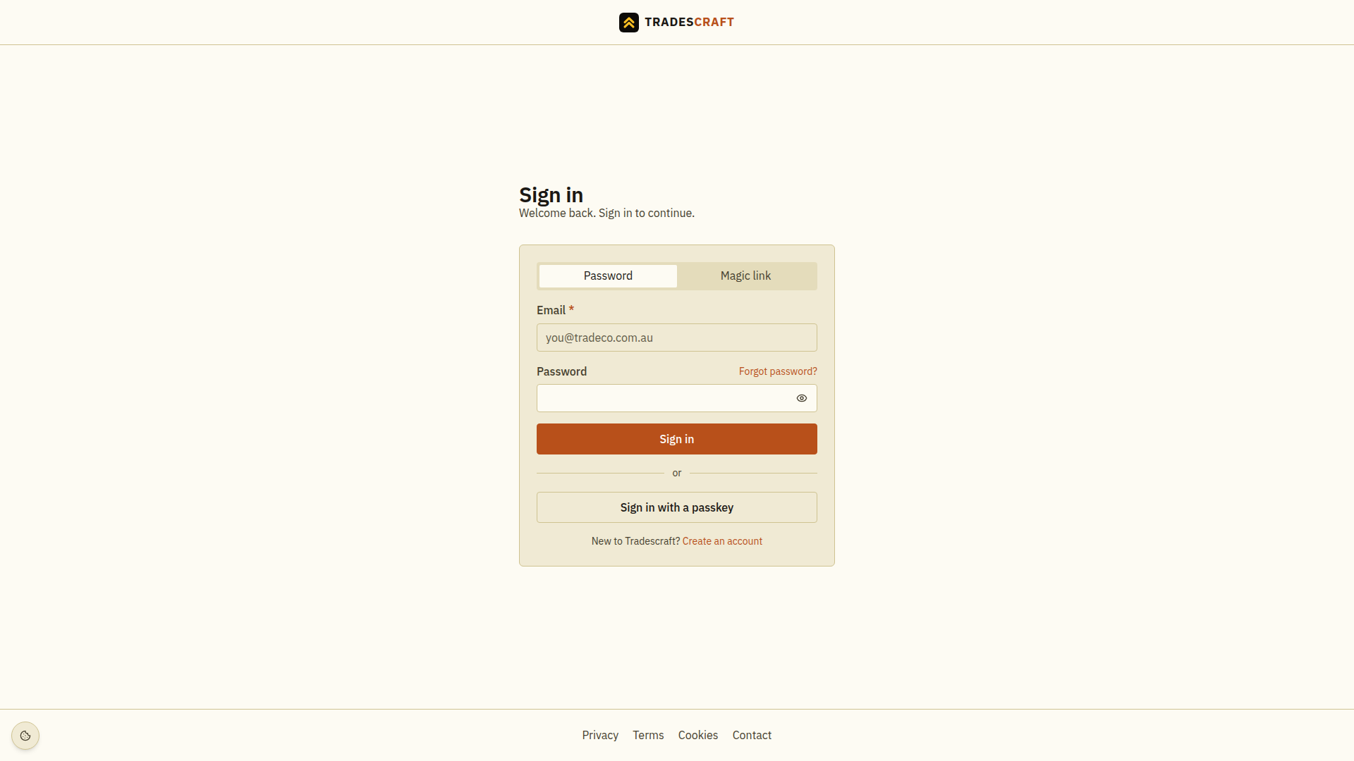 The Tradescraft sign-in screen