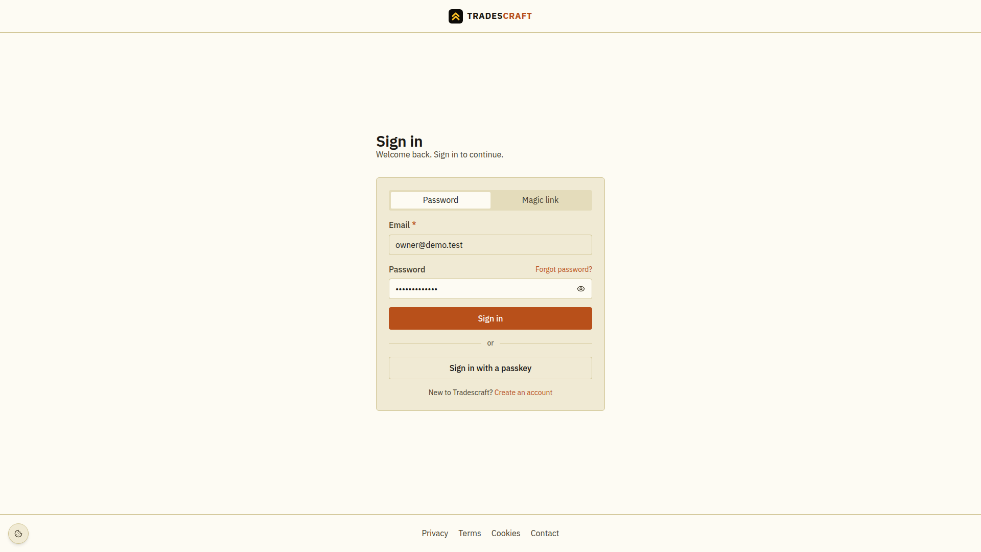 The sign-in form with an email and password entered