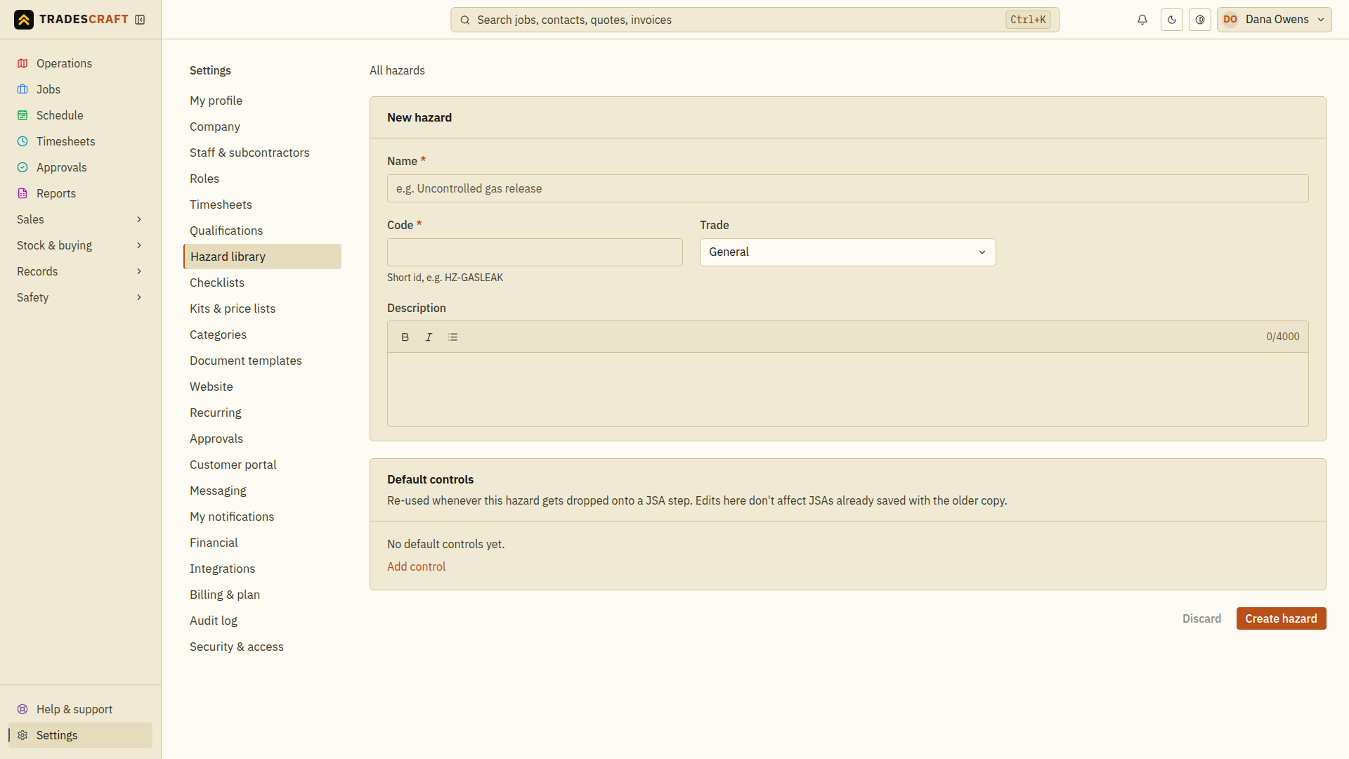 The empty new-hazard form