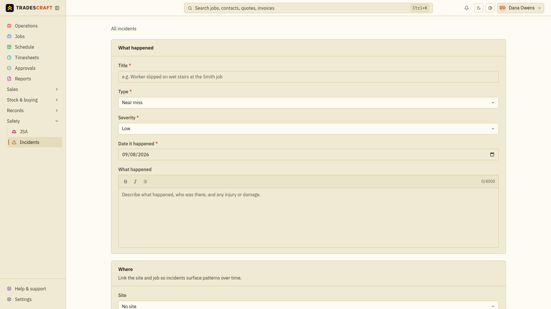 The empty new-incident form