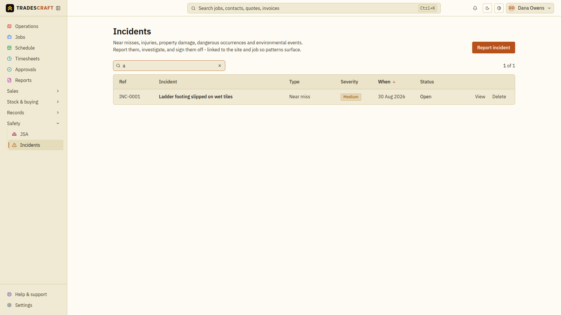 The incidents list and its search box