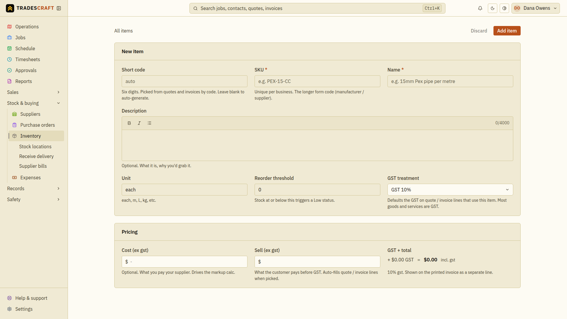 The empty new-item form