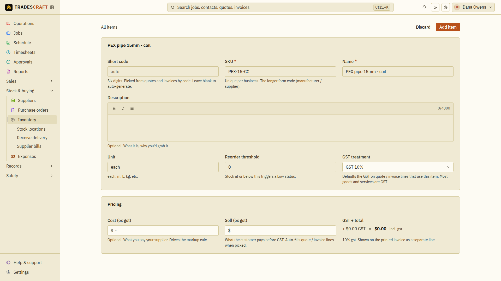 The item name and SKU entered, with pricing fields ready to complete