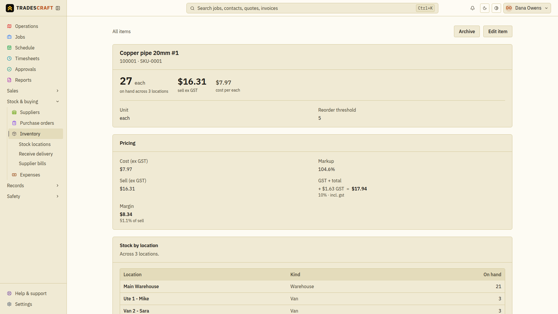 An item's details page