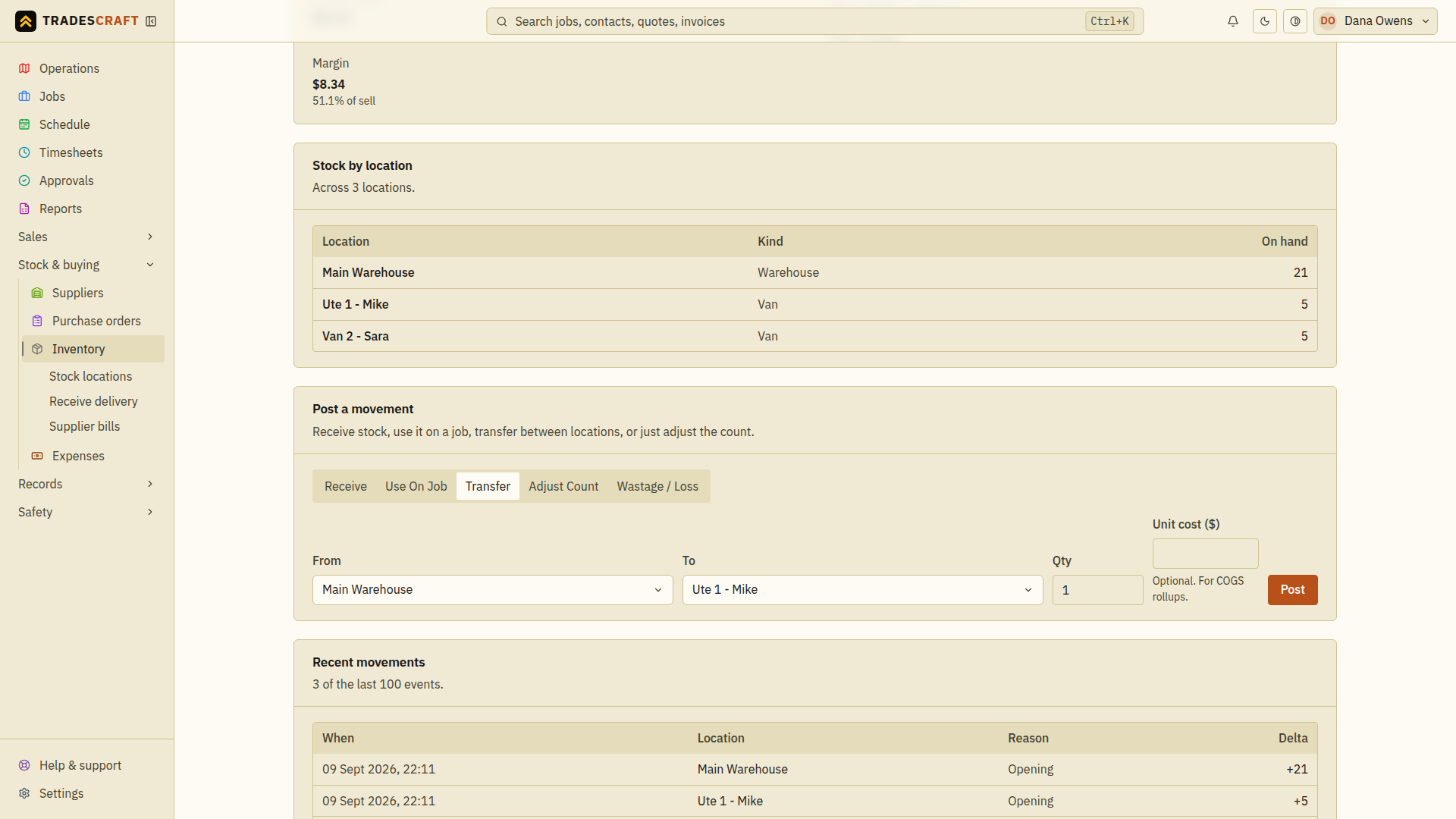 The Transfer form with From, To, Qty, optional unit cost and Post