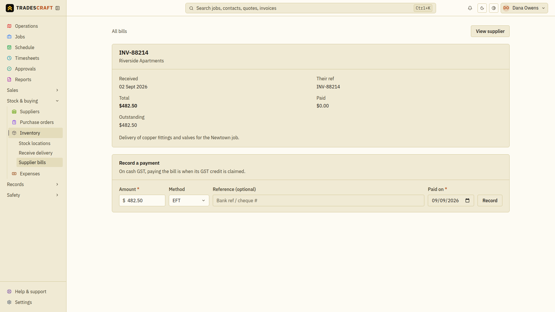 A supplier bill with the Record a payment panel