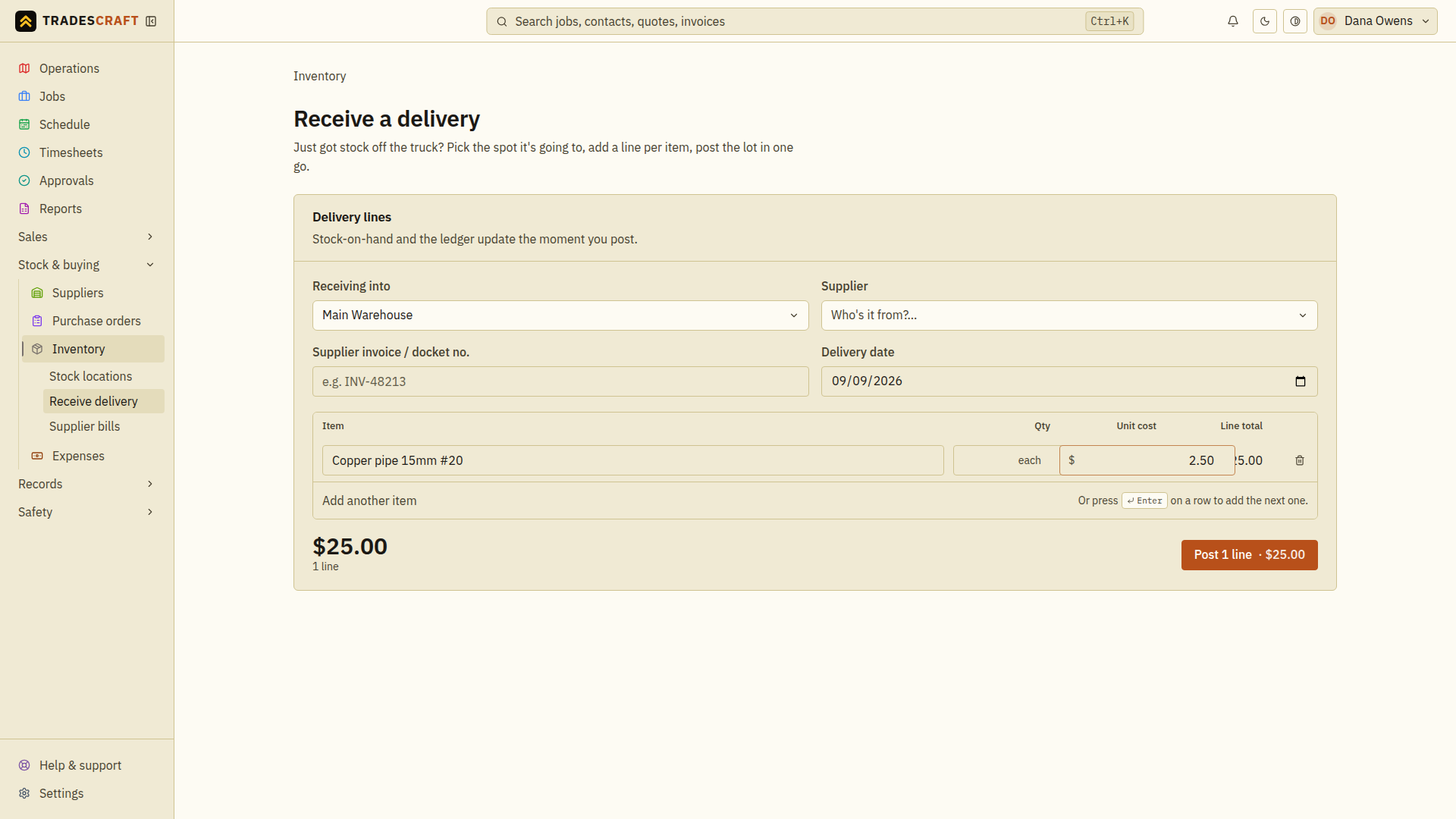 A delivery line with quantity, unit cost and the running total