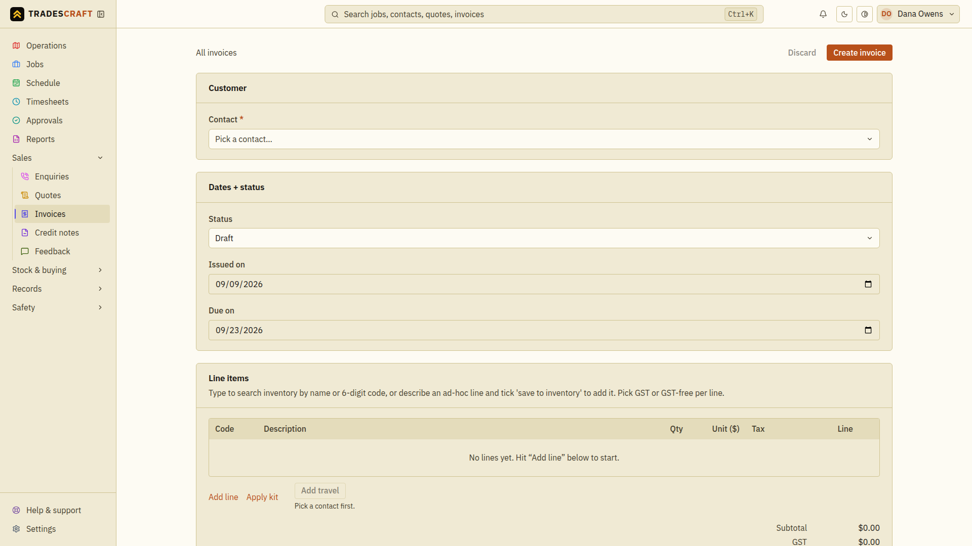 The empty new-invoice form