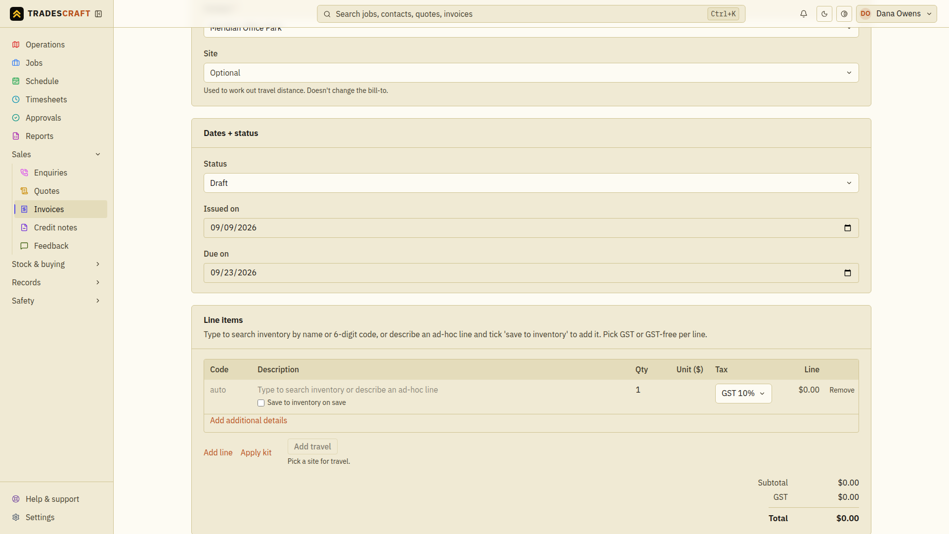 The form with the customer and dates set
