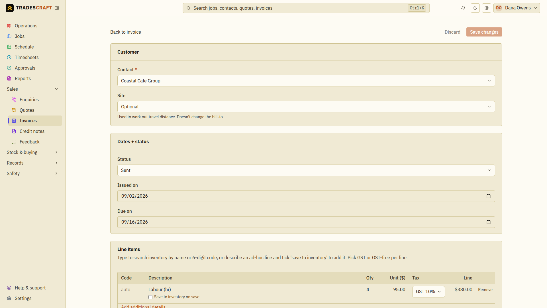 Editing an invoice, line items populated