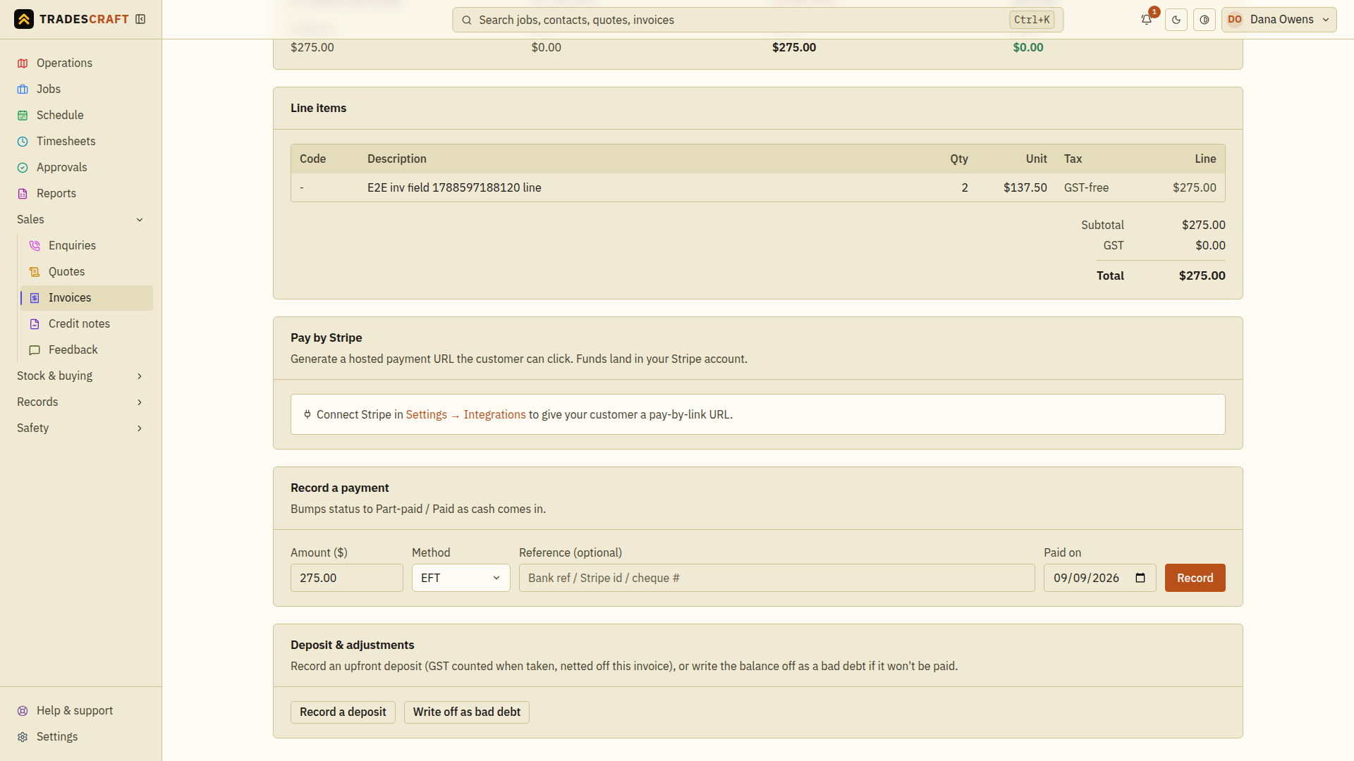 Recording a payment against the invoice