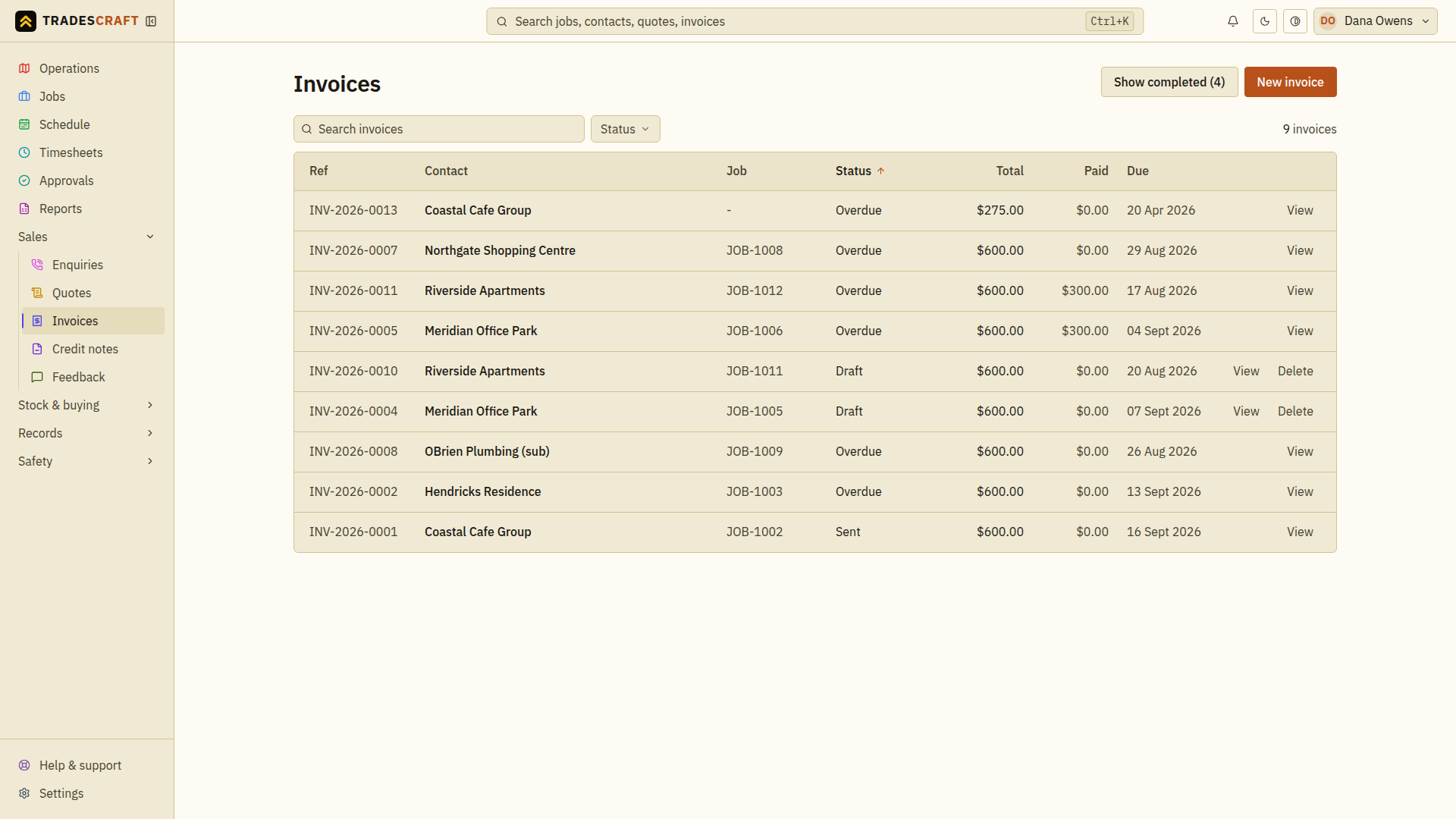 The invoices list