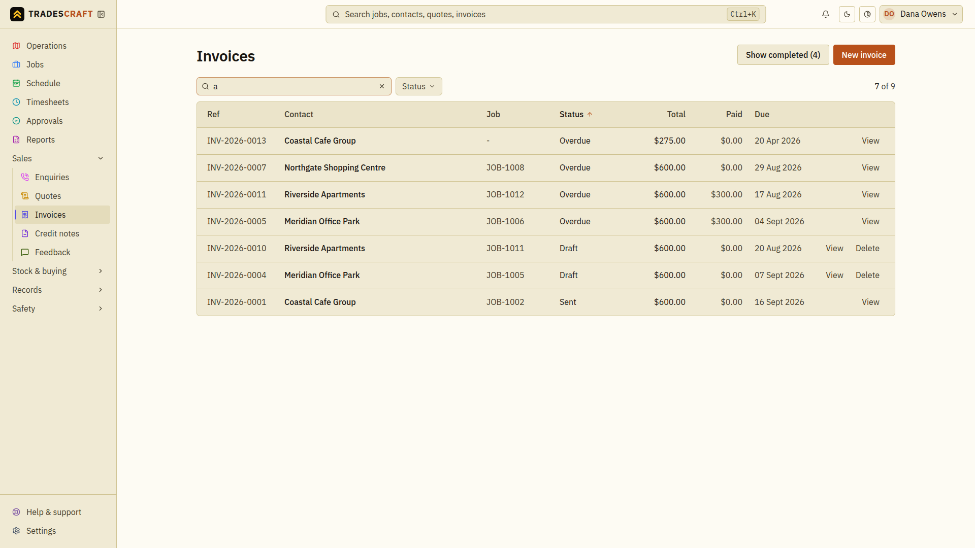 The invoice list with its search box and status column