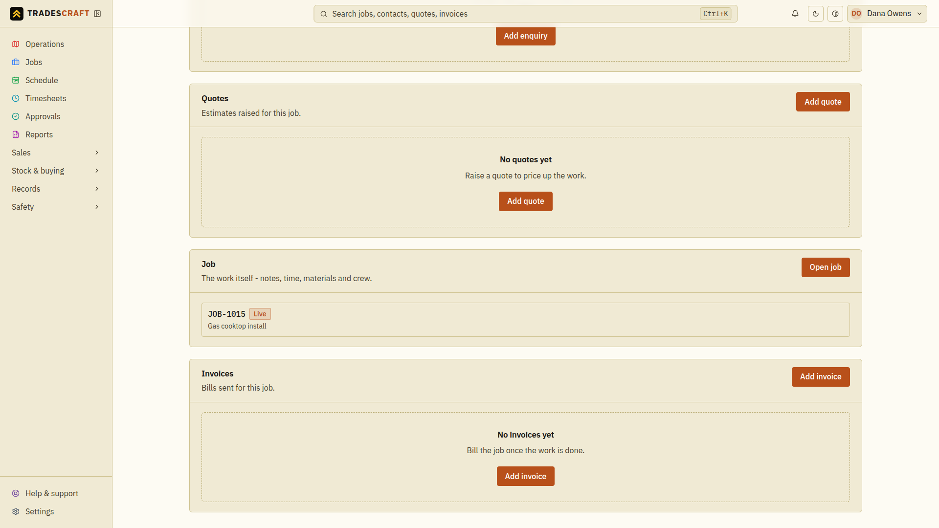 The job sheet's Add quote, Open job and Add invoice controls before documents have been added