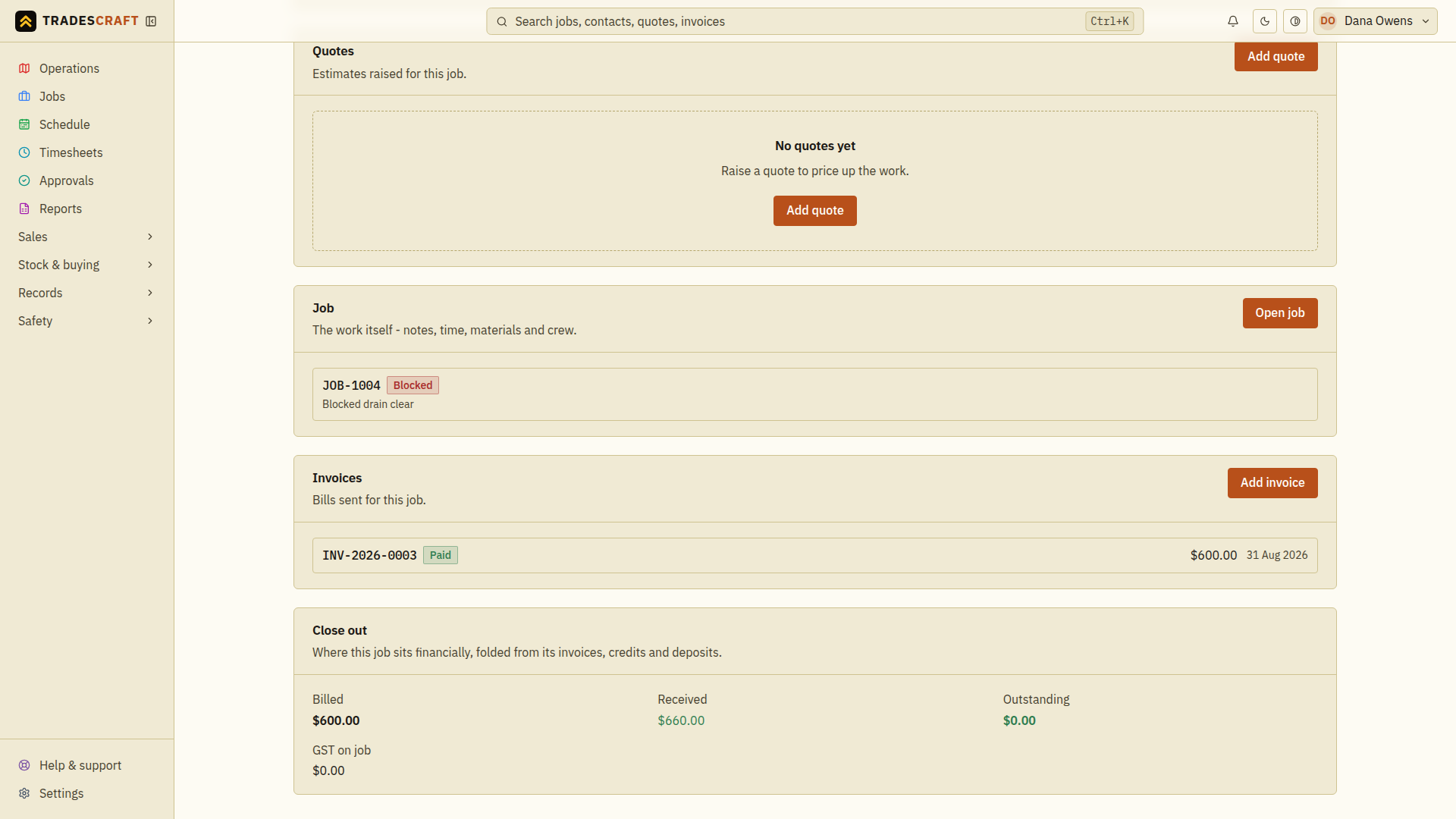 An invoiced job's Close out summary with Billed, Received and Outstanding totals
