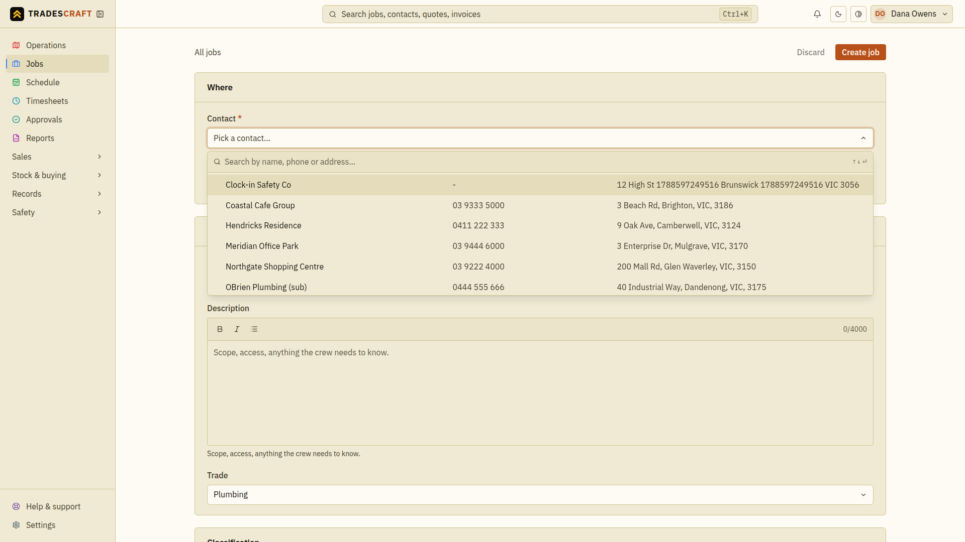 The contact picker open, searchable by name, phone or address