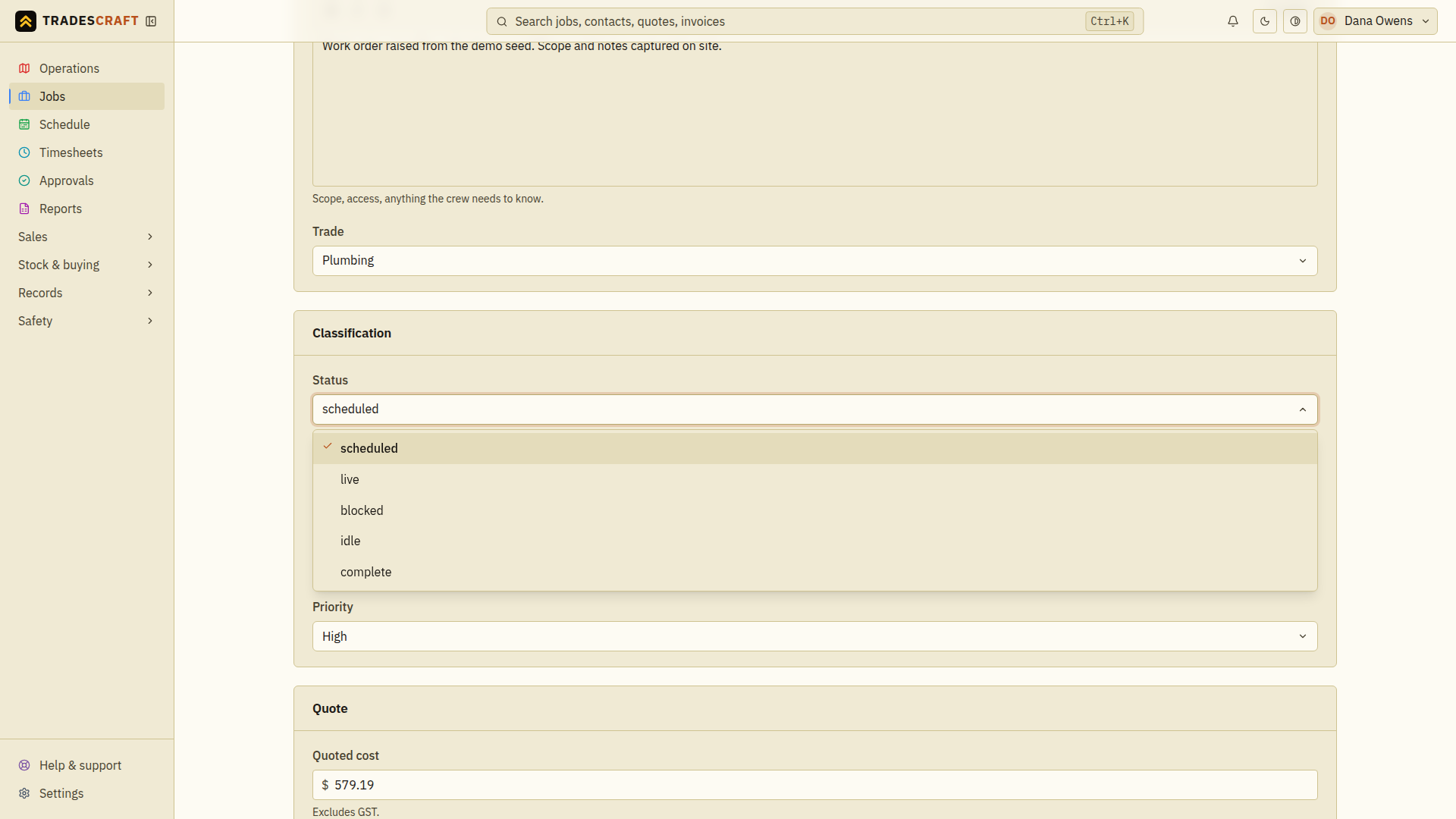The Status picker open, showing scheduled, live, blocked, idle and complete
