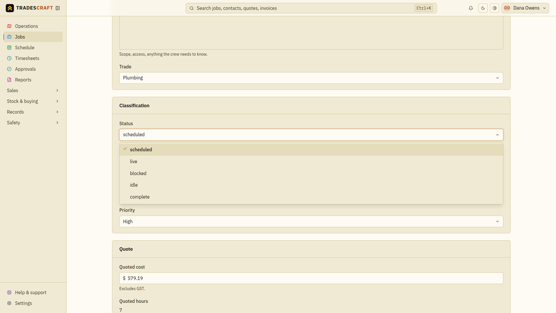 The open Status picker and Priority field; return to the top to save