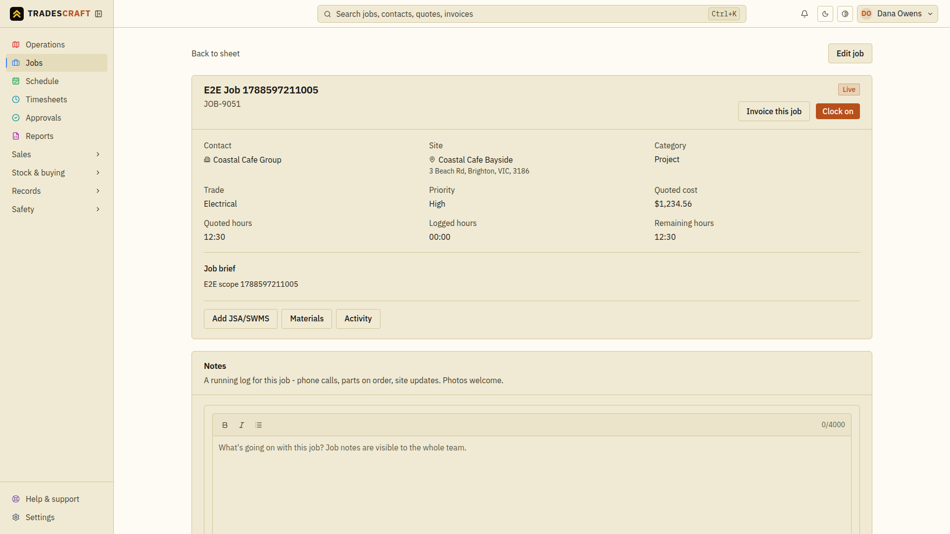 The job header, summary and note form