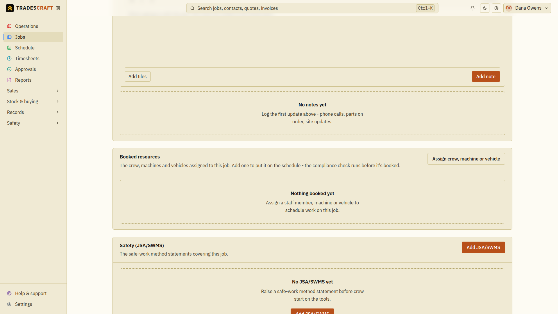 The Booked resources section with Assign crew, machine or vehicle