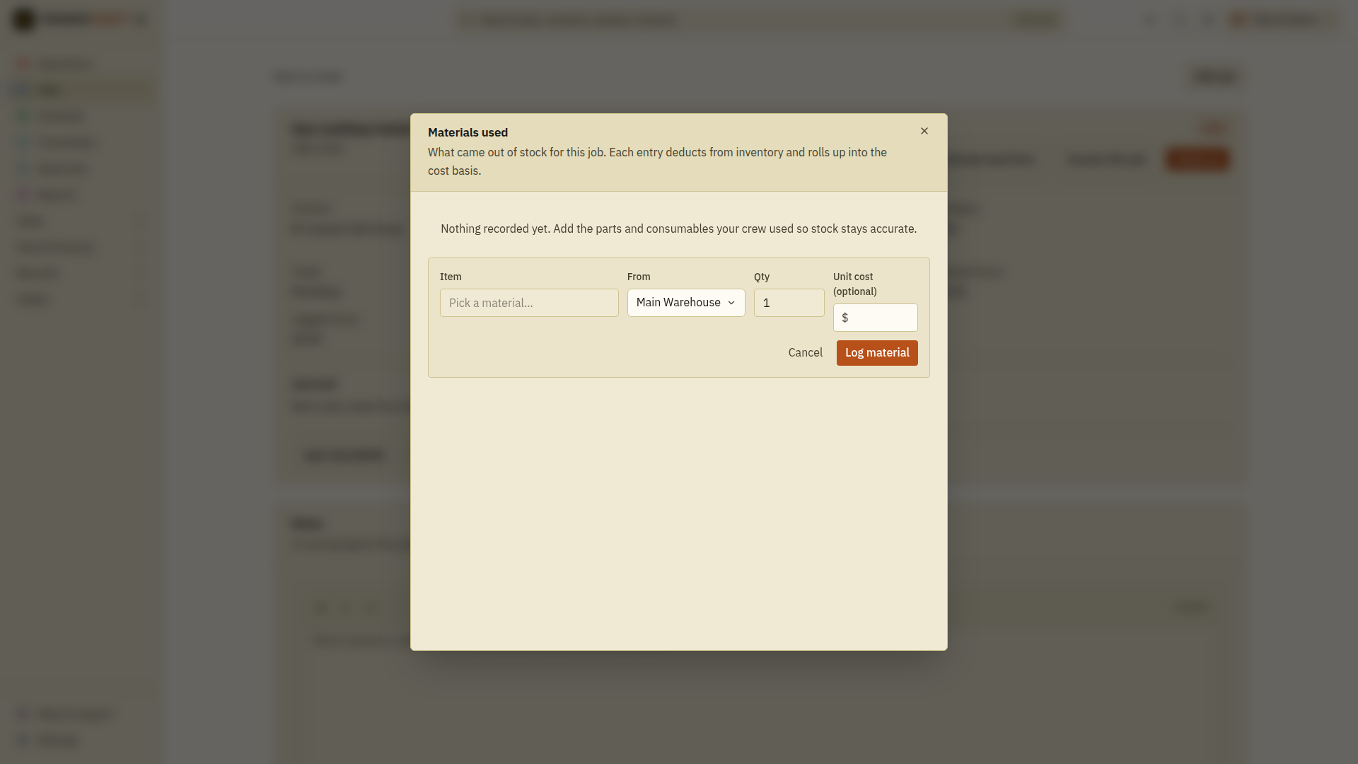 The expanded material form with Item, From, Qty, Unit cost and Log material