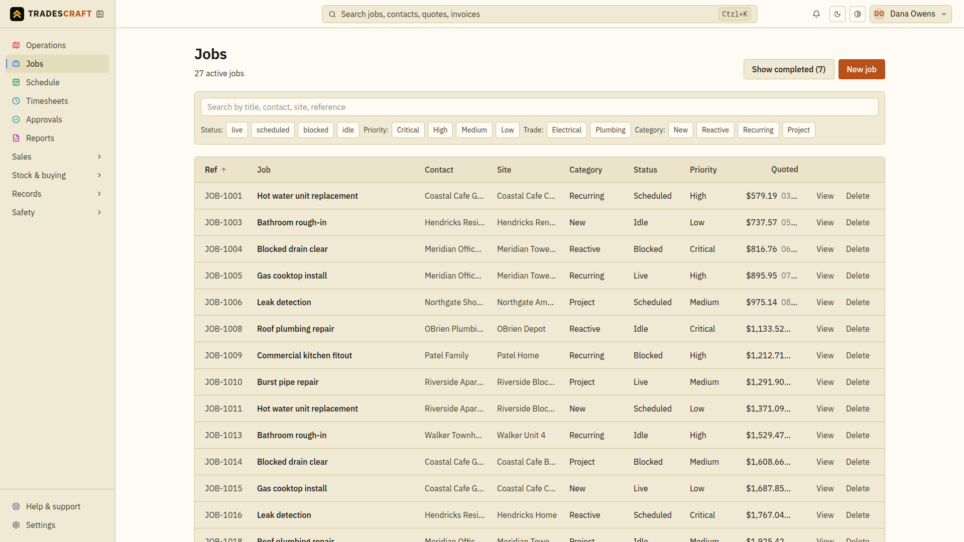 The jobs list